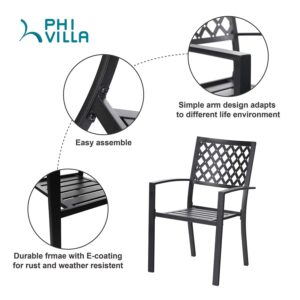 PHI VILLA 4 Pcs Patio Metal Outdoor Dining Chairs, Set of 4 Stackable Black Patio Chairs with Armrest, Indoor/Outdoor Portable Wrought Iron Chairs for Garden, Yard, Support 300 lbs