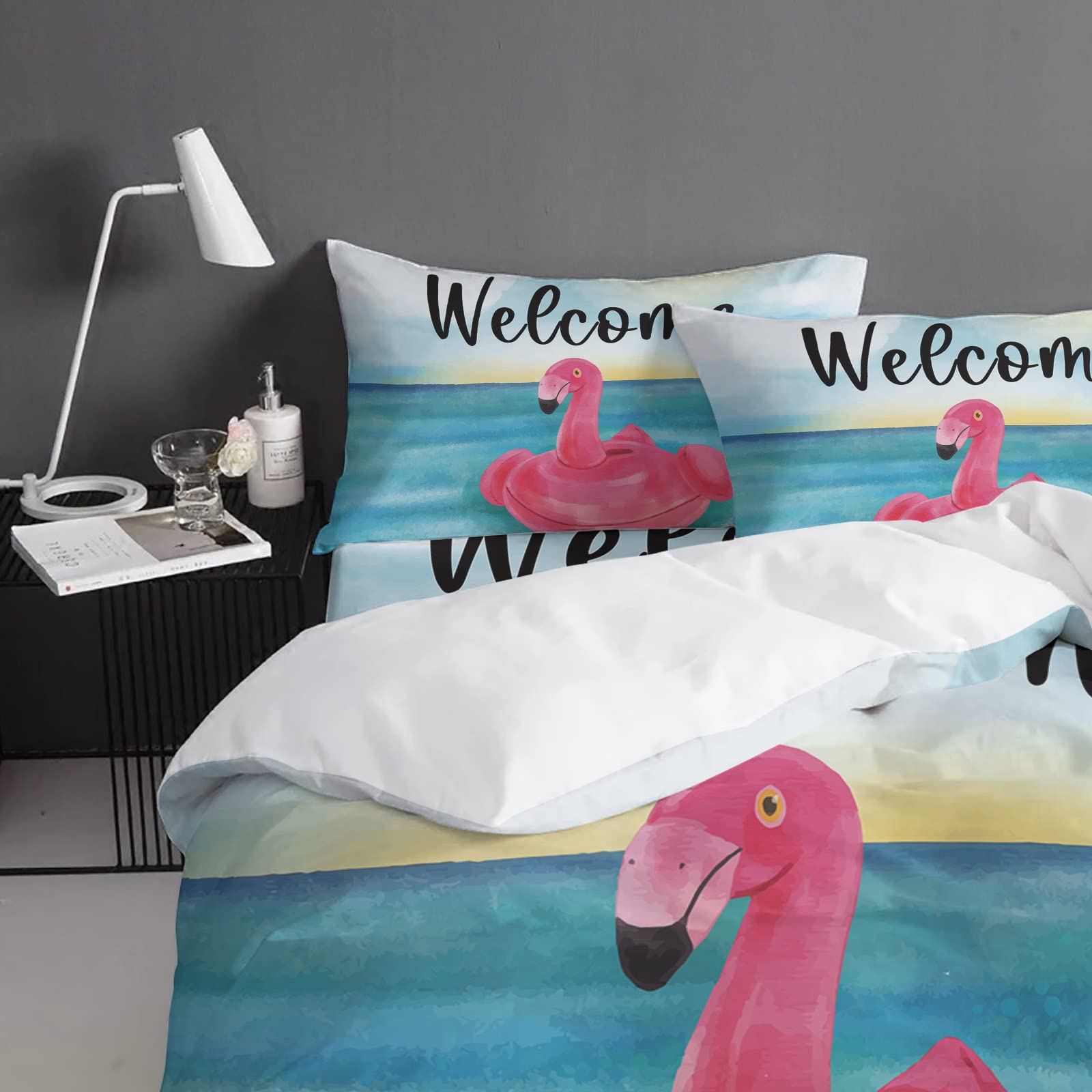 Queen Bedding Covers Set 4 Pieces, Pink Flamingos Soft Bedding Comforter Set, Welcome Summer Tropical Blue Beach All Season Bed Sheet Set with Duvet Cover, Fitted Sheet and Pillowcase