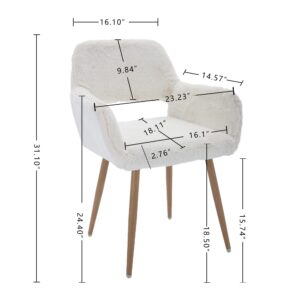 Furry Desk Chair Set of 2, Mid-Century Modern Accent Faux Fur Chair for Teen Girls, Comfy Armchair with Wood Look Metal Legs for Living Dining Room, Home Vanity Makeup Office Desk Chair No Wheel,White