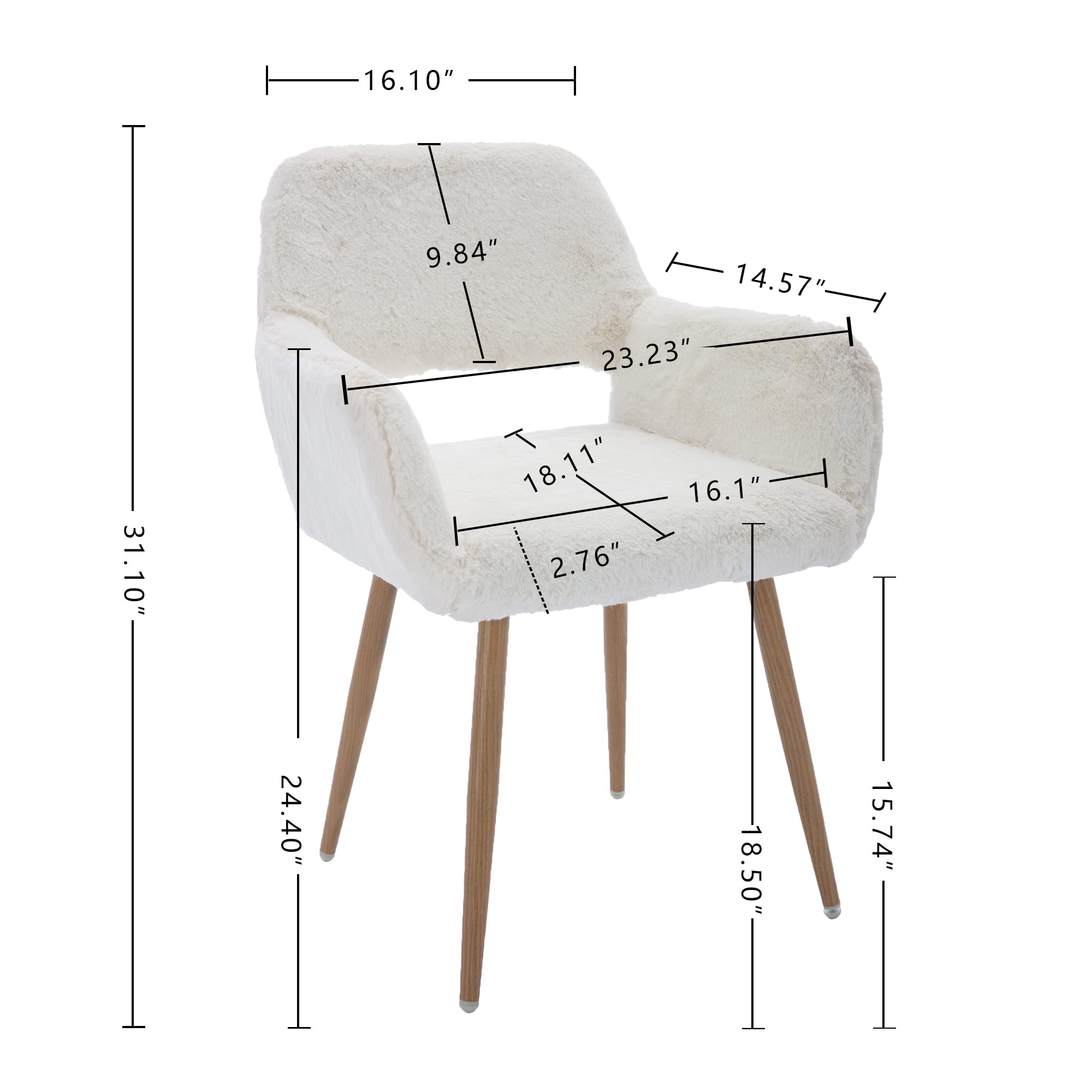 Furry Desk Chair Set of 2, Mid-Century Modern Accent Faux Fur Chair for Teen Girls, Comfy Armchair with Wood Look Metal Legs for Living Dining Room, Home Vanity Makeup Office Desk Chair No Wheel,White