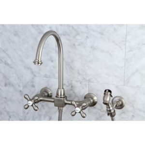 Kingston Brass KS1298AXBS Restoration Wall Mount Bridge Kitchen Faucet with Brass Sprayer, Brushed Nickel