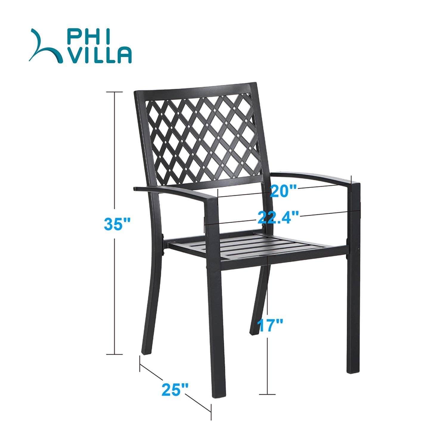 PHI VILLA 4 Pcs Patio Metal Outdoor Dining Chairs, Set of 4 Stackable Black Patio Chairs with Armrest, Indoor/Outdoor Portable Wrought Iron Chairs for Garden, Yard, Support 300 lbs