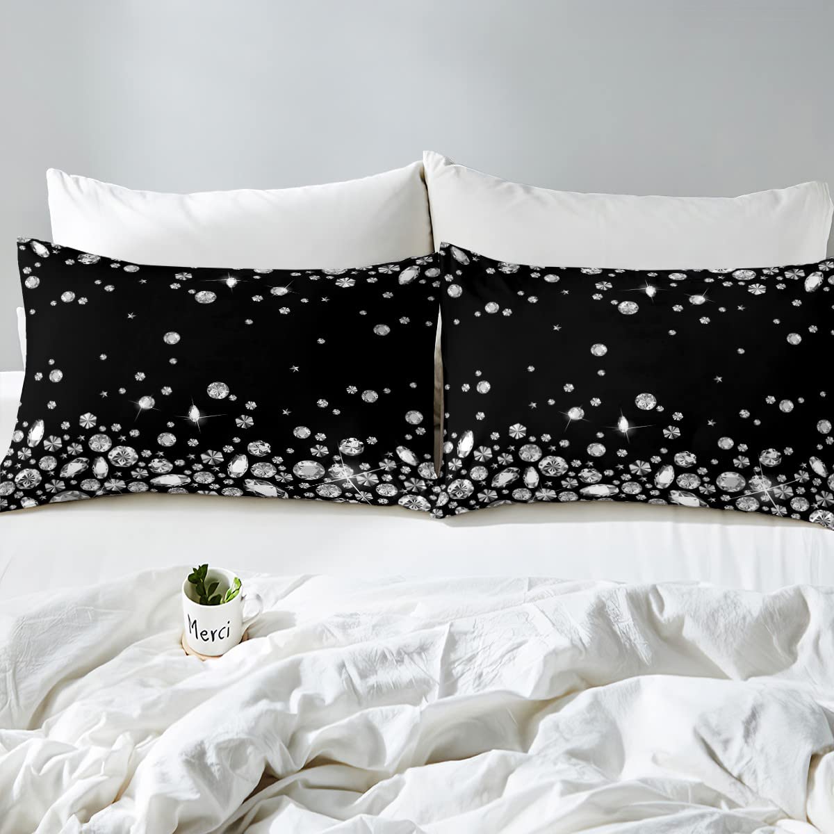 Silver Glitter Duvet Cover Set Queen Diamond Star Sky Floral Bedding Set 3pcs for Kids Teens Girls Boys Room Decor Bling Party Theme Comforter Cover Black Microfiber Quilt Cover with 2 Pillowcases