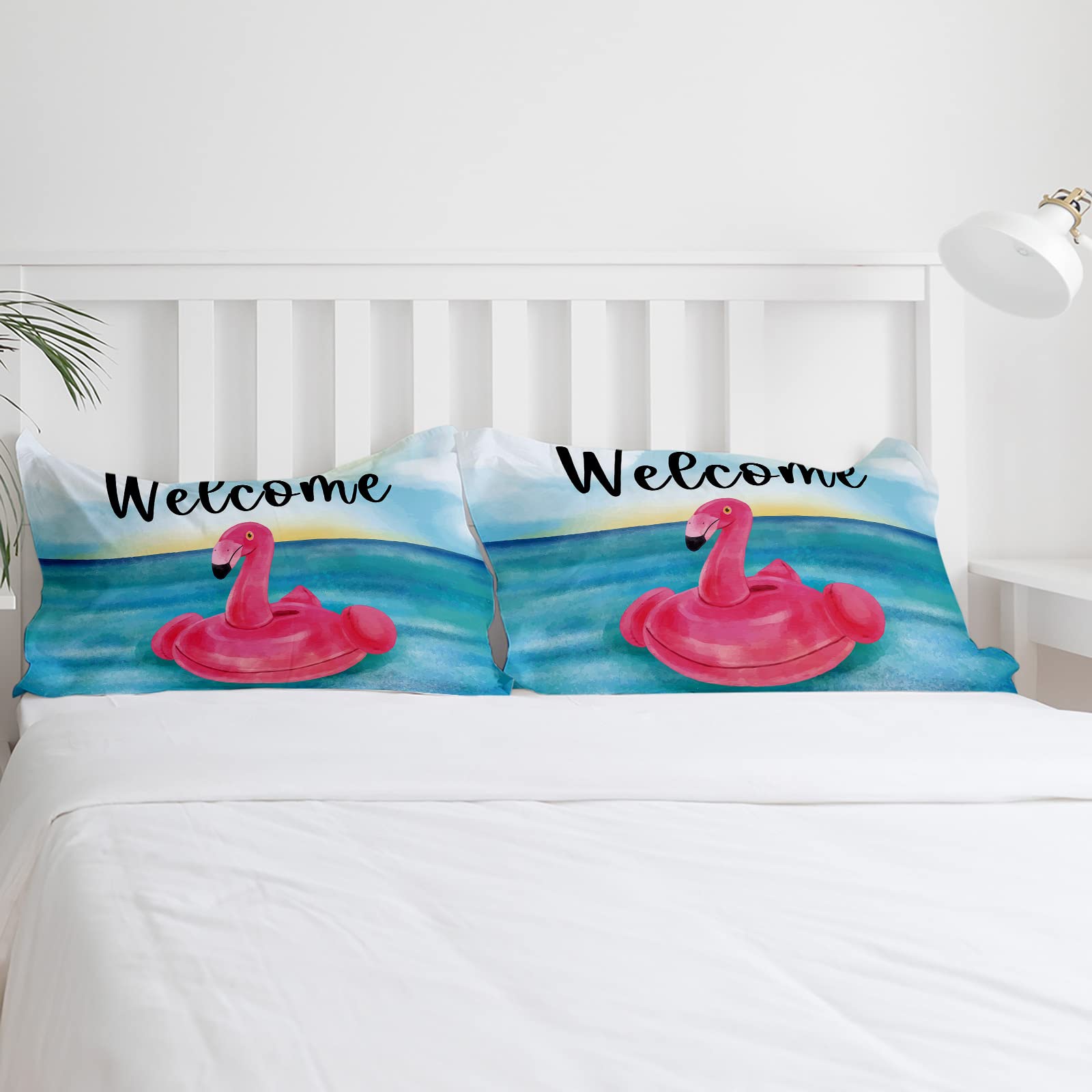 Queen Bedding Covers Set 4 Pieces, Pink Flamingos Soft Bedding Comforter Set, Welcome Summer Tropical Blue Beach All Season Bed Sheet Set with Duvet Cover, Fitted Sheet and Pillowcase