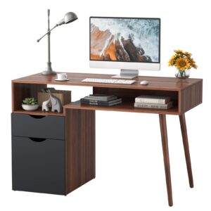 costway computer desk with door cabinet & drawer, 48” home office pc table w/open shelf, mid-century modern writing desk w/tapered legs for bedroom, study & living room, brown