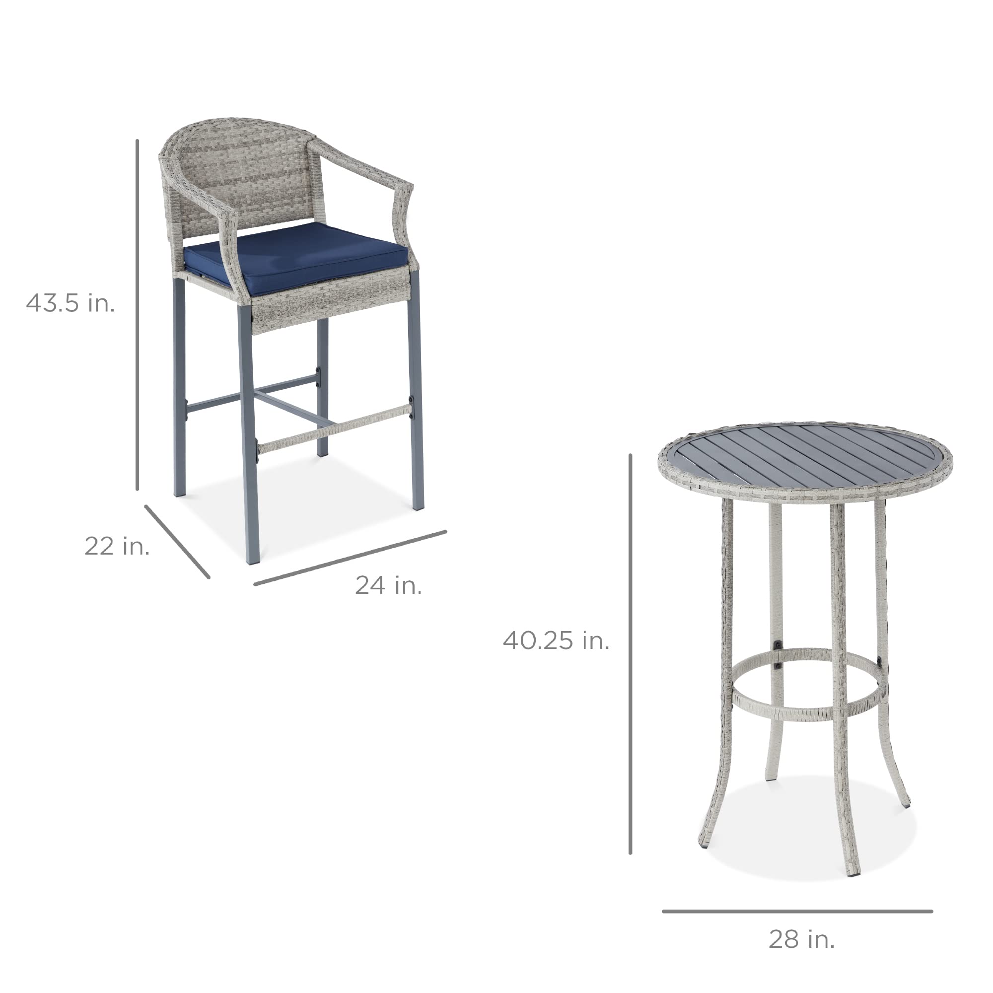 Best Choice Products 3-Piece Patio Bar Table Set, Outdoor Wicker Bar Height Bistro Furniture for Backyard, Poolside, Balcony w/Barstools, Cushions, Steel Frame – Gray/Blue