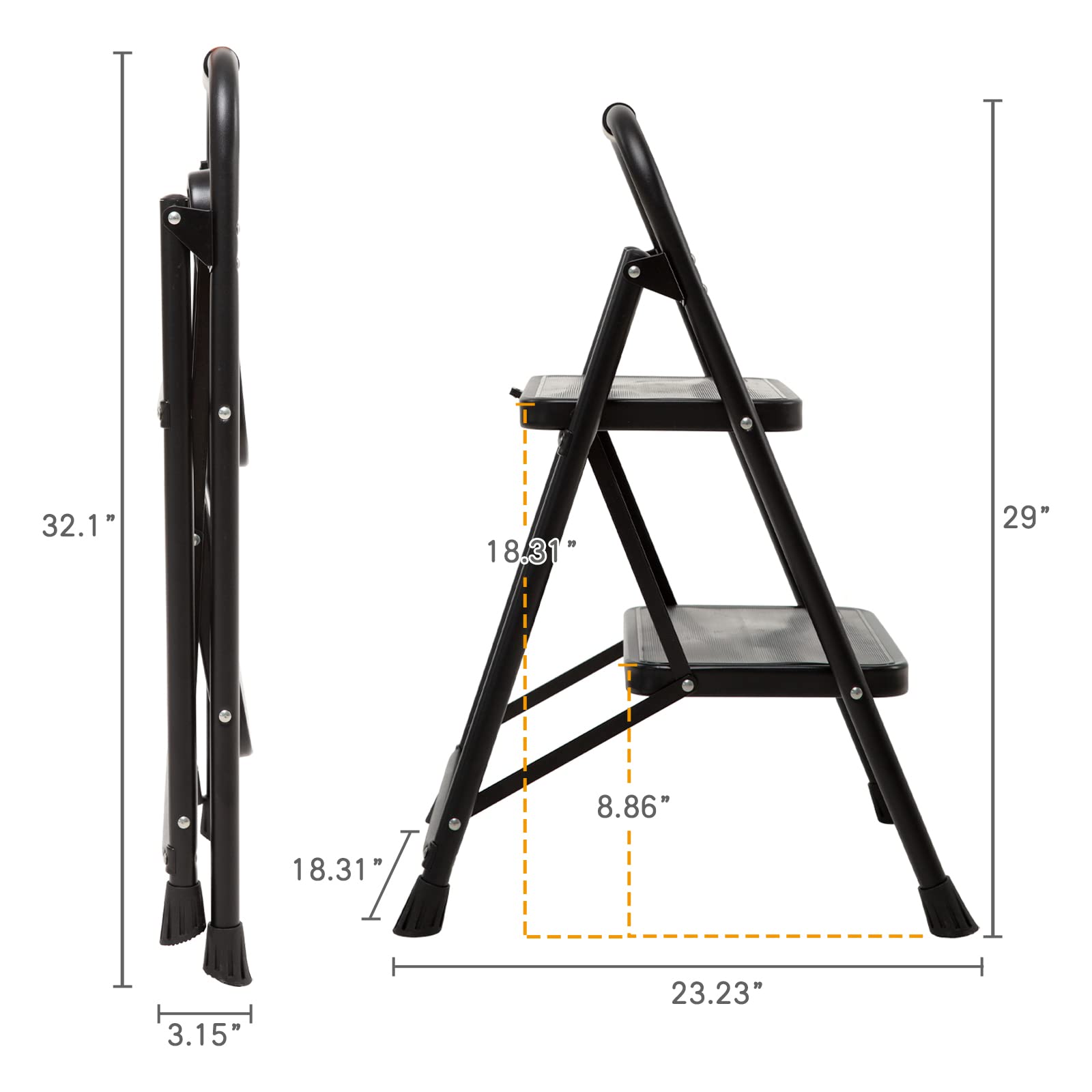 Wiberwi 2 Step Ladder Folding Step Stool for Adults with Handle 330 Lbs Capacity, Lightweight & Portable Step 2 Stool Ladders with Wide Pedal for Home Kitchen Sturdy Steel Frame, Black