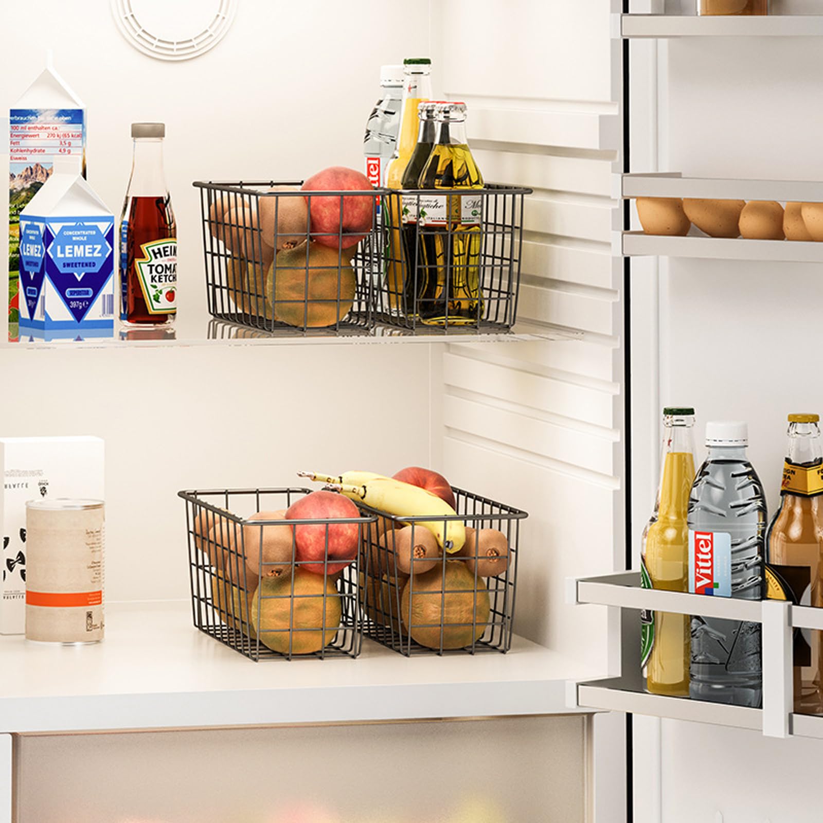 Hanging Kitchen Baskets For Storage Adhesive Small Wire Storage Baskets No Drilling Wall Mounted Shelf with Kitchen Food Pantry Bathroom Shelf Storage, 2 PACK, Black