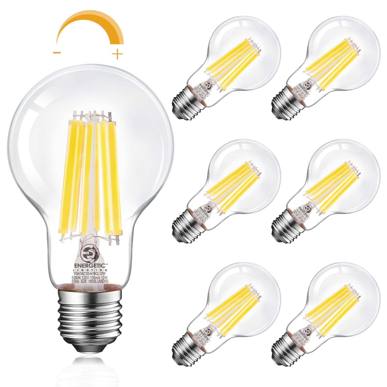 Energetic Dimmable A19 LED Edison Light Bulb, 12W Equivalent 100W, 1600LM High Brightness, 5000K Daylight, Clear Antique LED Filament Bulb for Home, Bathroom, E26 Standard Base, 6-Pack