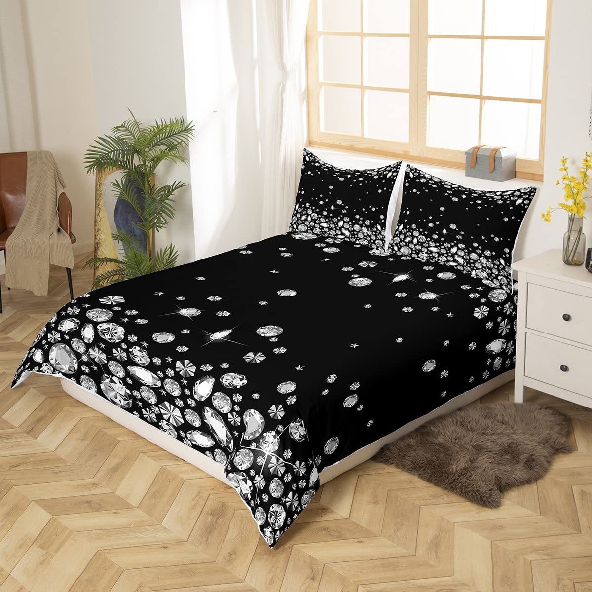 Silver Glitter Duvet Cover Set Queen Diamond Star Sky Floral Bedding Set 3pcs for Kids Teens Girls Boys Room Decor Bling Party Theme Comforter Cover Black Microfiber Quilt Cover with 2 Pillowcases