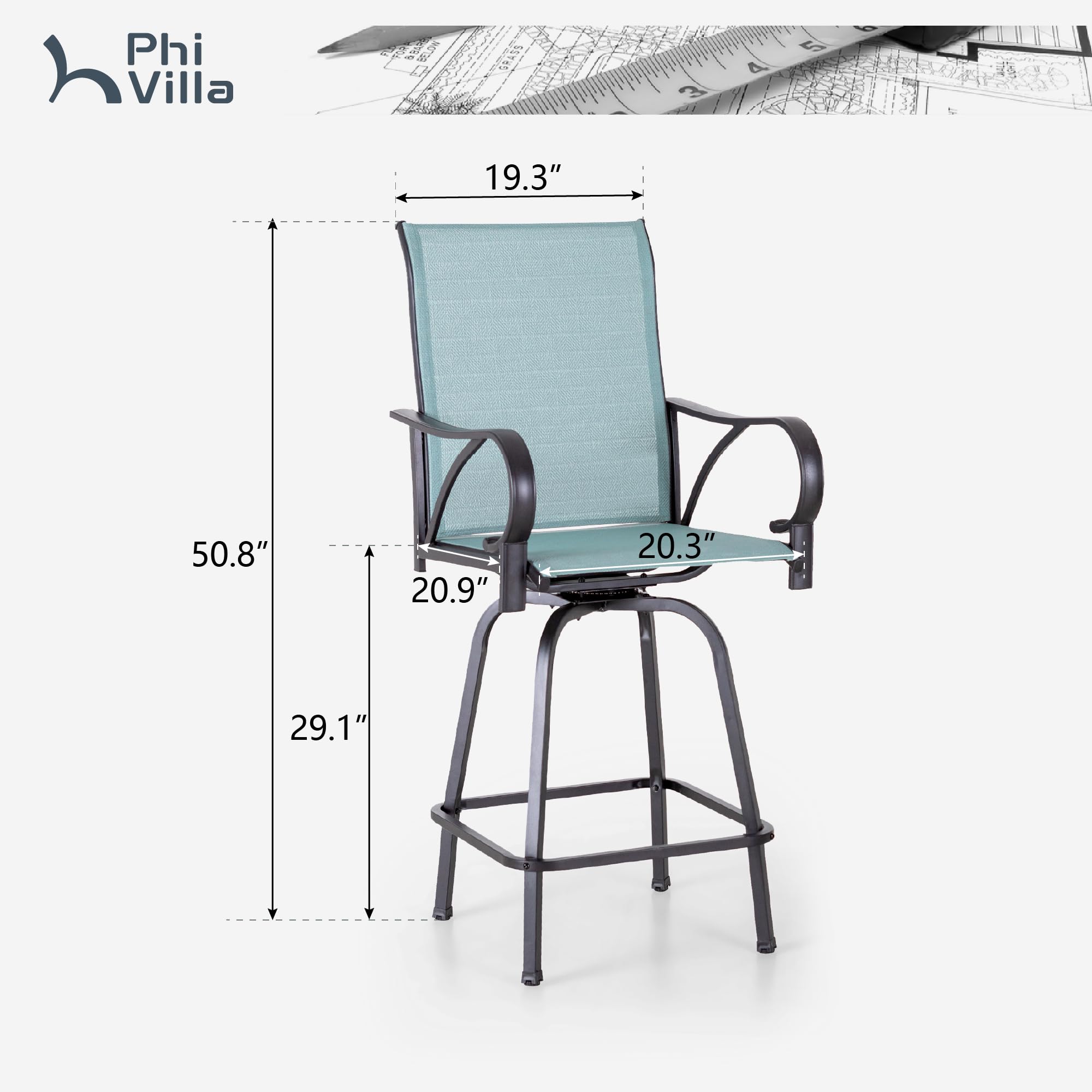 PHI VILLA Outdoor Bar Stools Swivel Set of 4, Bar Height Patio Stools & Chairs with Back and Armrest, All-Weather Textilene Fabric Bar Furniture for Deck Lawn Garden, Waterproof and Quick-Drying