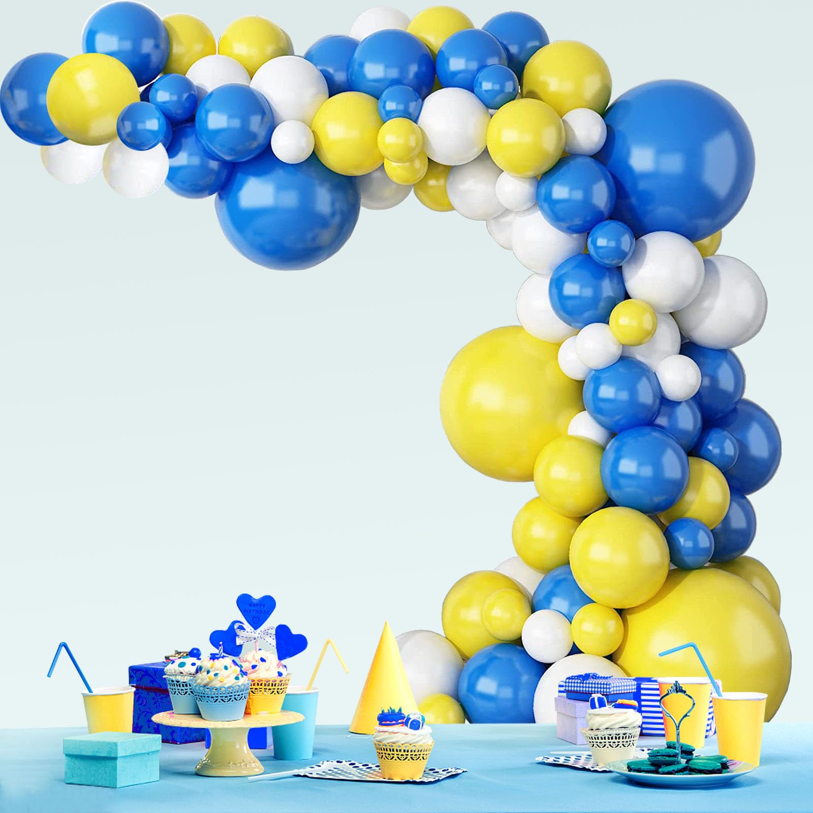 Blue Yellow White Balloon Garland & Arch Kit，18inch 12inch 10inch Blue Yellow and White Balloons, for Birthday, Baby Shower, Wedding, Party Decorations