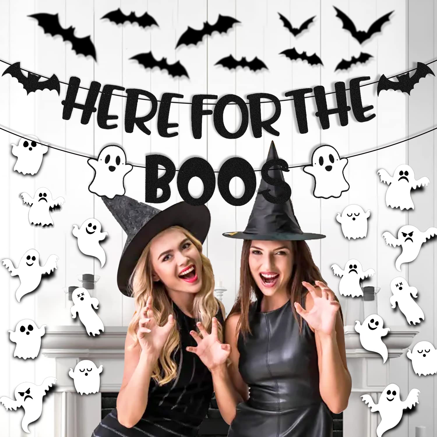 35 PCS Here for The Boos Decorations Halloween Banner Ghost Bat Wall Decor Haunted House Pumpkin Happy Boo Day Theme for Boy Girl Kid Halloween Festival Holiday Party Decoration Black Glitter Supplies