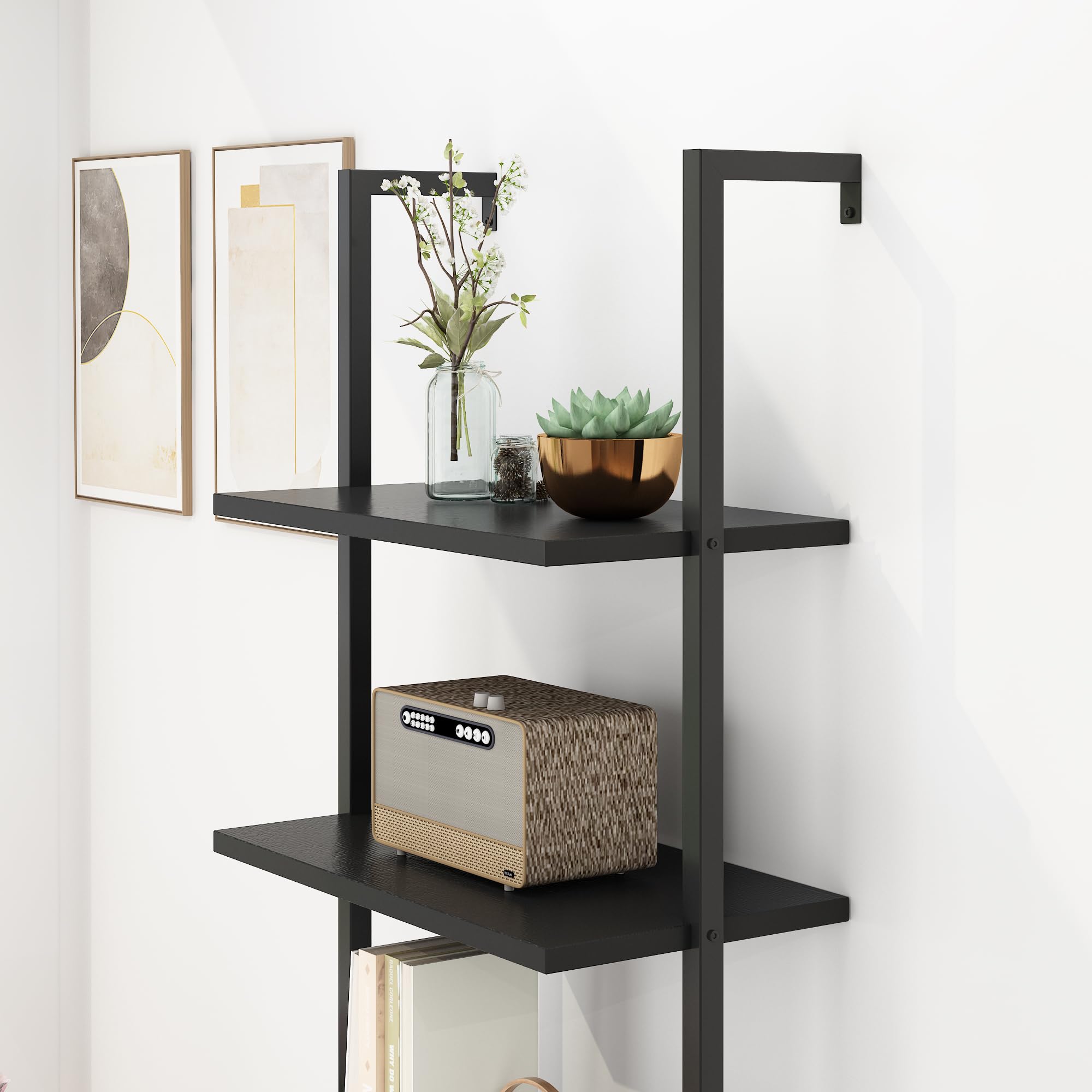 Karl home Ladder Shelf 5 Tier Wall Mounted Bookcase with Metal Frame, Open Design Shelves for Living Room, Bedroom, Home, Dark Walnut (23.62" L x 11.81" W x 70.87" H)