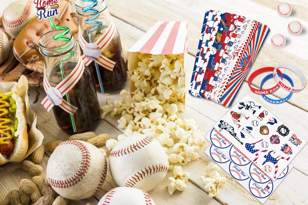 Erweicet Baseball Party Favors Set 72 PCS Baseball Slap Straws Silicone Bracelets Tattoo Stickers Mini Bouncy Balls Toy for Goodie Bag Fillers Baseball Themed Birthday Party Supplies