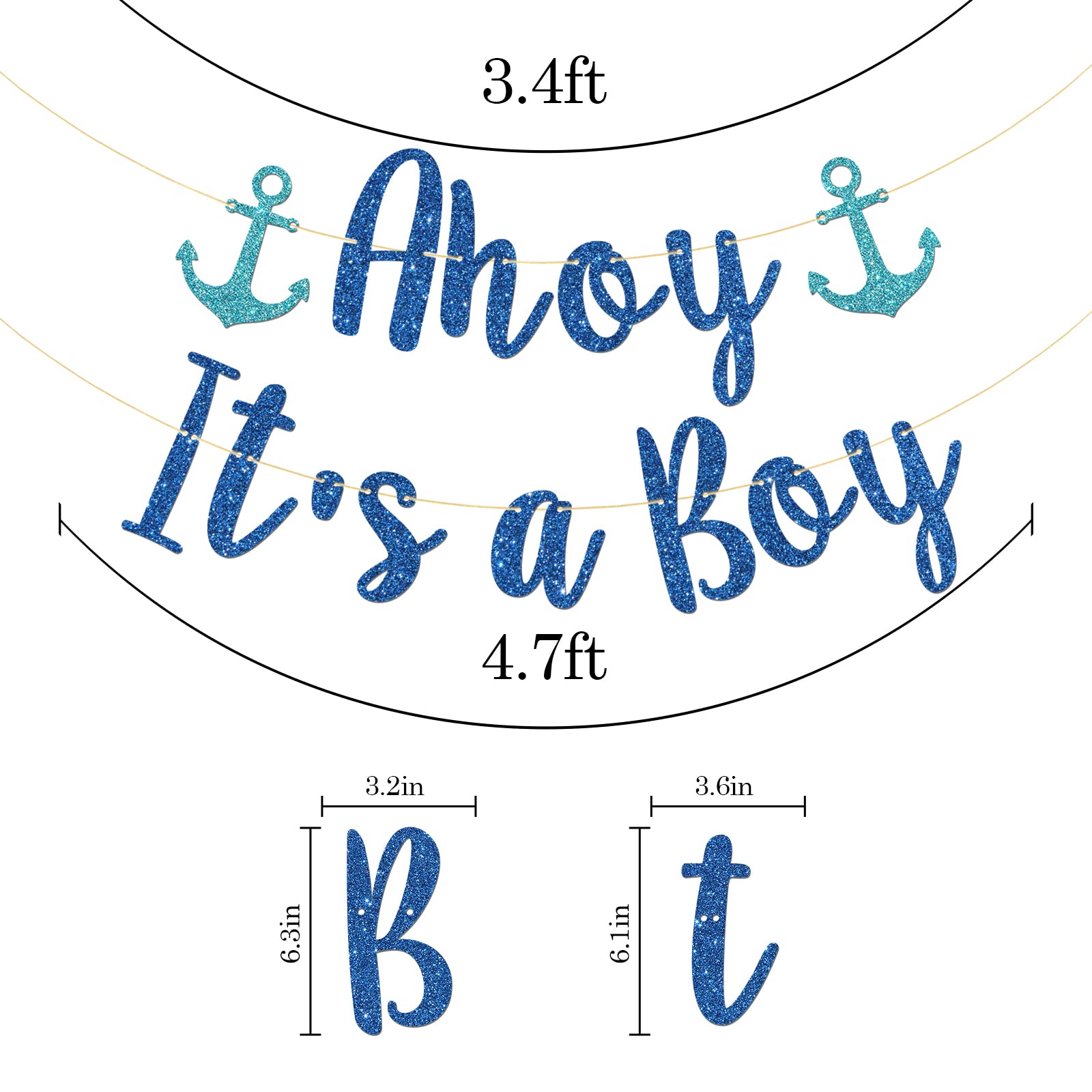 Talorine Ahoy It's a Boy Banner, Sailor Themed Party Decor, Baby Shower Gender Reveal, Nautical Party Decorations (Blue Glitter)