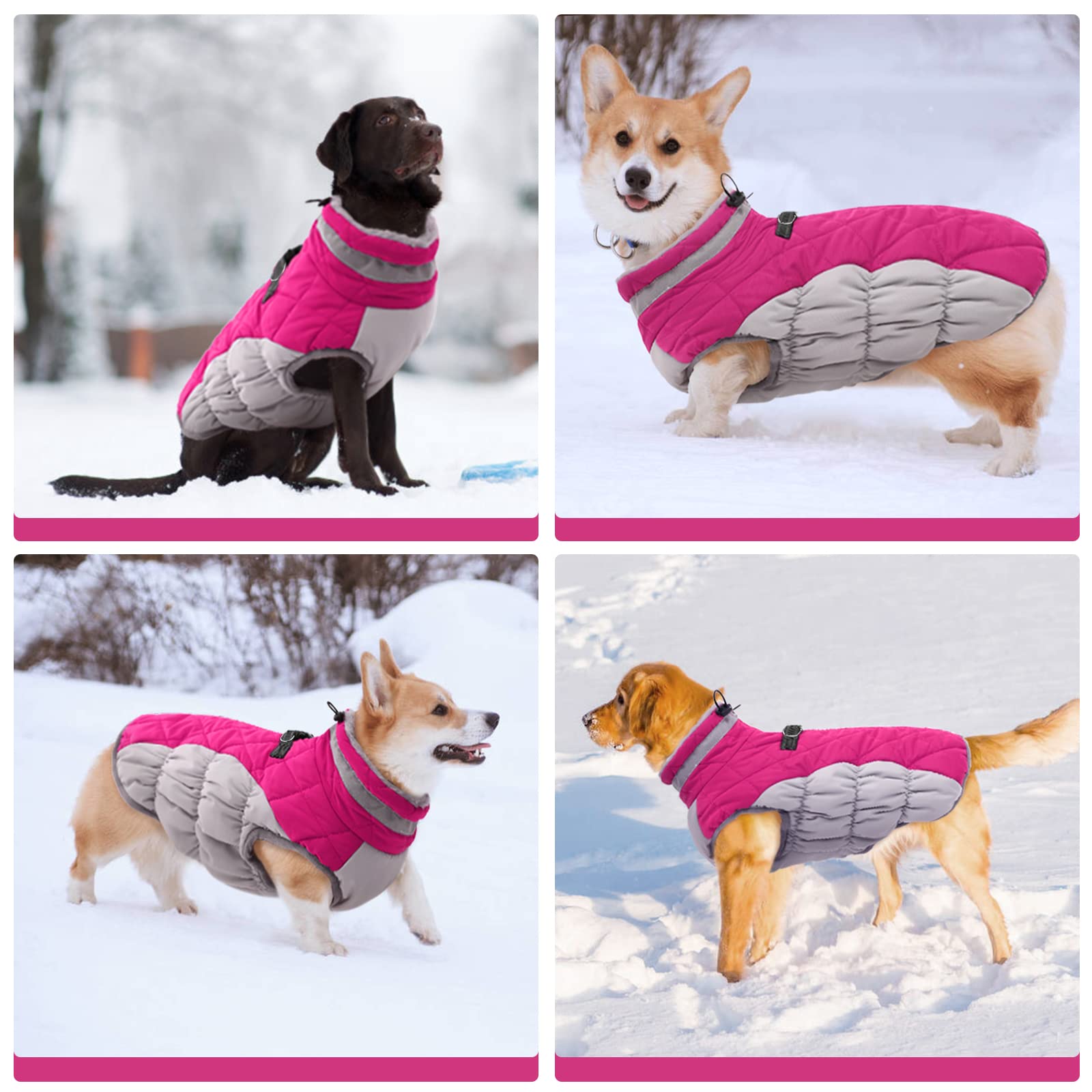 FUAMEY Dog Coat, Medium, Pink, Faux Fur - Waterproof, Windproof, Reflective Cold Weather Coat with Built-in Harness, Fits Dogs 11 lbs and Up