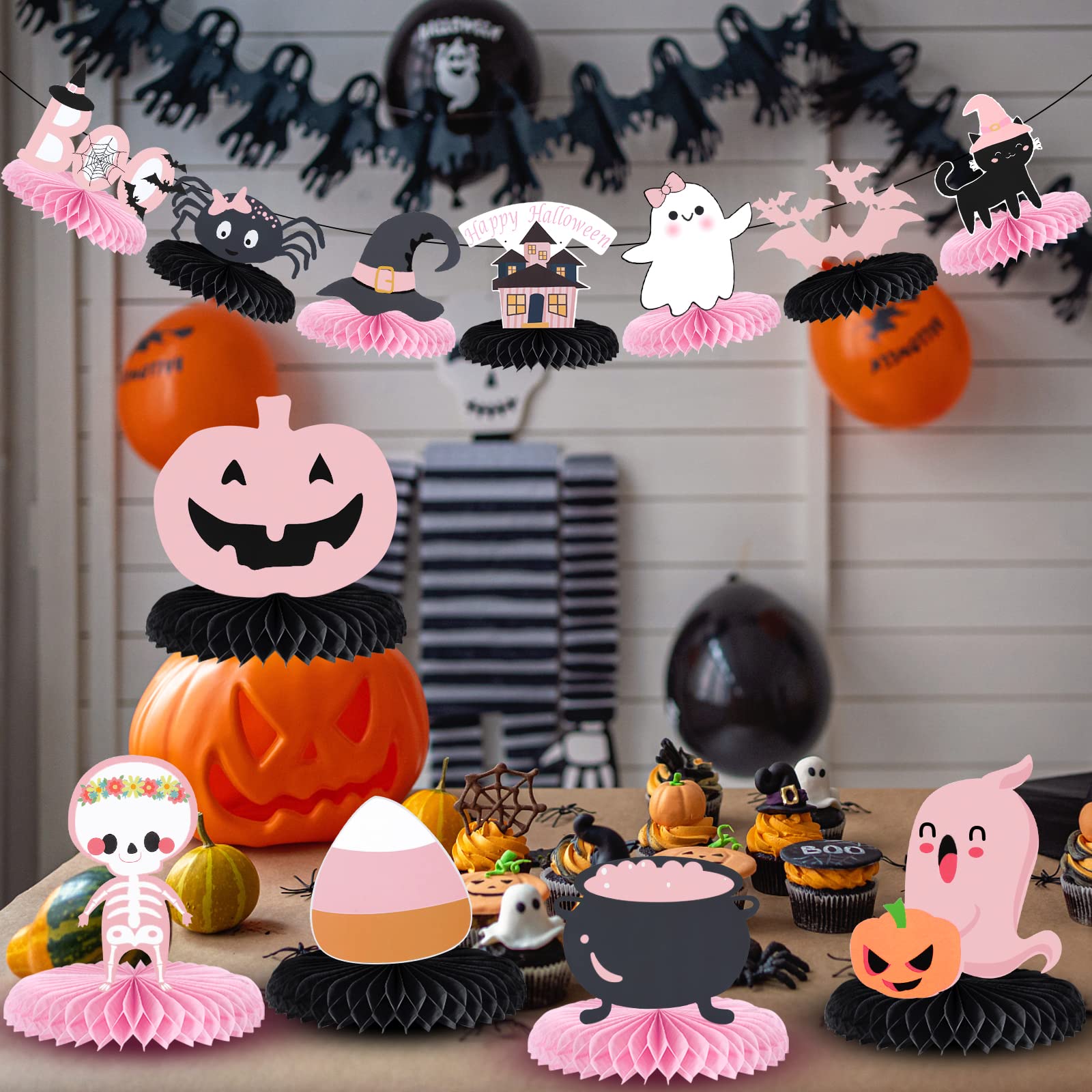 Pink Black Halloween Honeycomb Centerpieces Halloween Baby Shower Table Centerpieces Sticks Halloween Birthday Table Toppers for Halloween Baby Shower Girls Birthday Party Table Decorations - 12Pcs