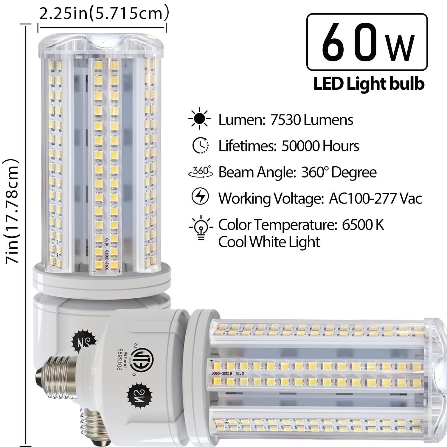 NS 2 Pack 600W Equivalent 7530 Lumen A19 60W LED Corn Light Bulbs E26 Medium Base 6500K Cool White for Home Garden Lighting Garage Backyard Office Household