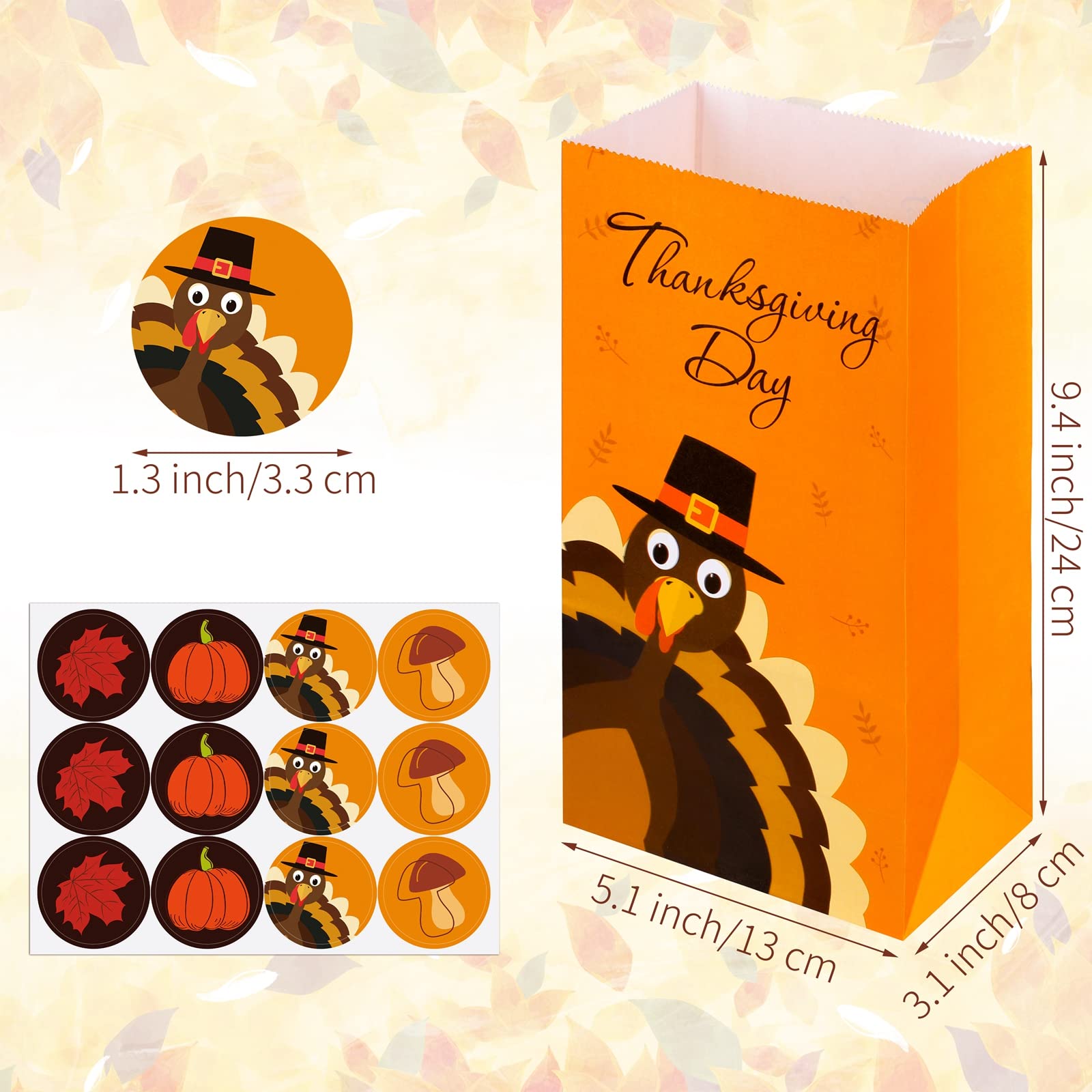 durony 24 Pieces Thanksgiving Day Gift Bags Thanksgiving Paper Party Favor Bags Thanksgiving Treat Bags with Round Stickers Thank You Gift Bags Goodie Bags for Fall Thanksgiving Party Favors