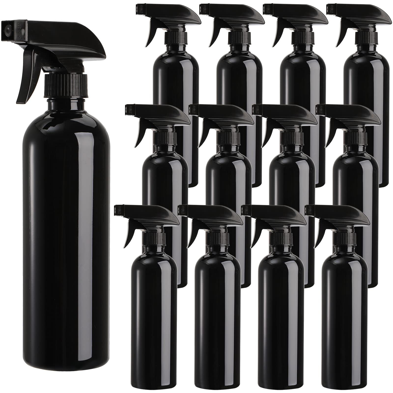 TOPZEA 12 Pack Empty Spray Bottles, 16oz Plastic Durable Black Spraying Bottles with Mist and Stream Option, Leak-proof Sprayers for Cleaning Solutions, Alcohol, Essential Oils, Hair Misting