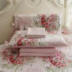 FADFAY 7Pcs Shabby Rose Floral Duvet Cover Sheets Set Queen Size, 1 Duvet Cover+1 Flat Sheet+1 Fitted Sheet+ 4 Standard Size Shams