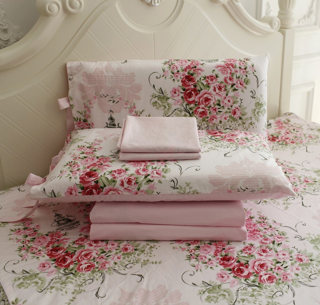 FADFAY 7Pcs Shabby Rose Floral Duvet Cover Sheets Set Queen Size, 1 Duvet Cover+1 Flat Sheet+1 Fitted Sheet+ 4 Standard Size Shams