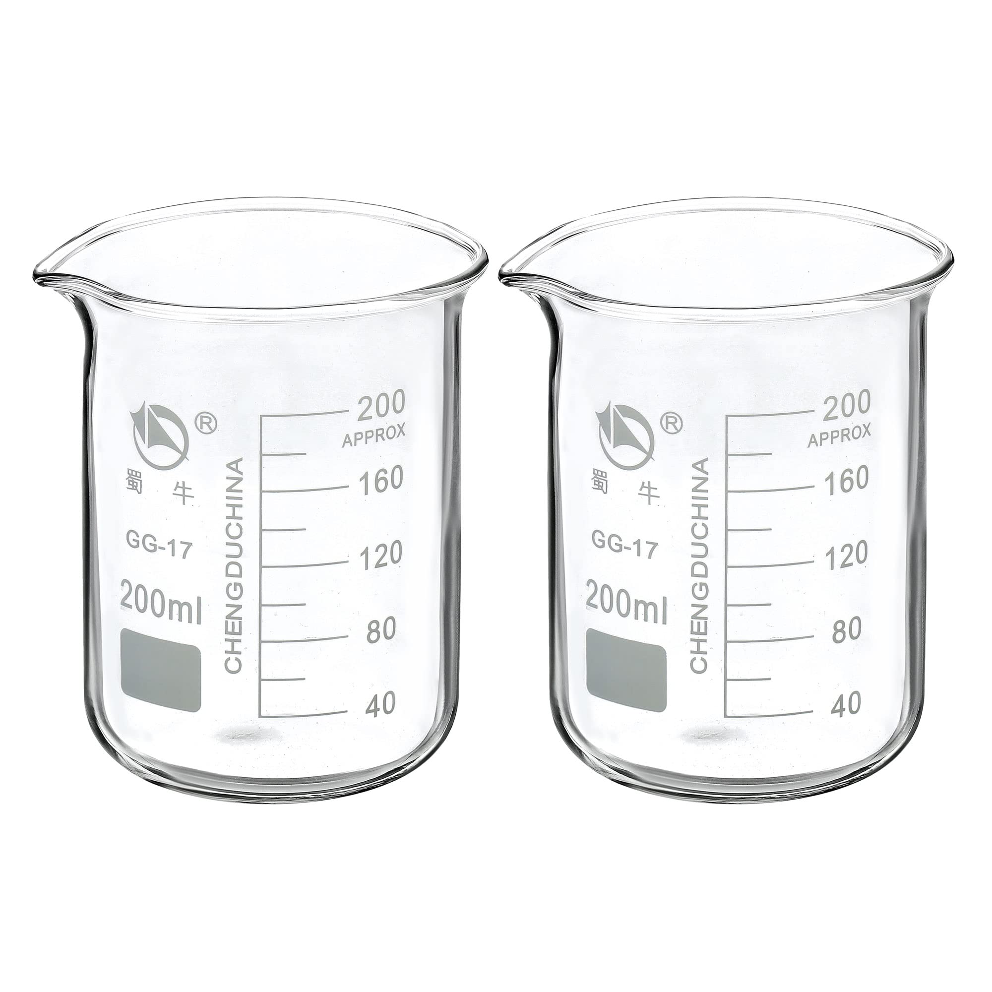 PATIKIL 200ml Low Form Glass Beaker, 2 Pack 3.3 Borosilicate Glass Graduated Printed Scale Measuring Cups with Spout for Kitchen Lab Liquids Transit Boiling