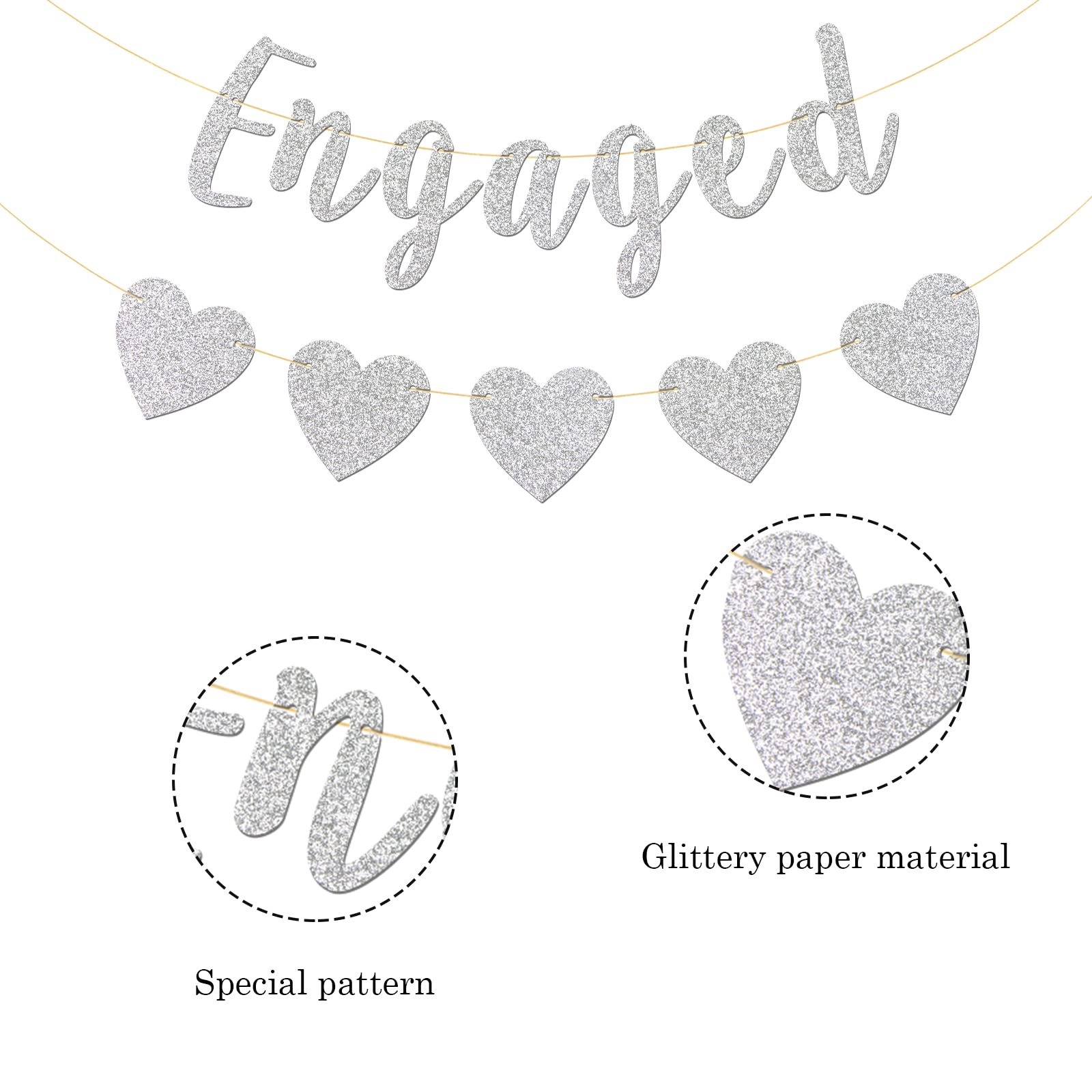 Engaged Banner, Bridal Shower, Engagement, Bride to Be, Wedding Party Decorations (Silver Glitter)