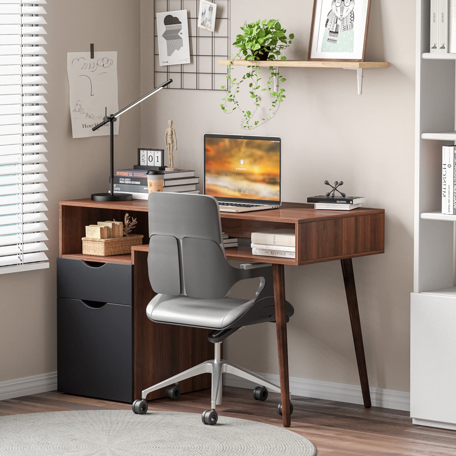 COSTWAY Computer Desk with Door Cabinet & Drawer, 48” Home Office PC Table w/Open Shelf, Mid-Century Modern Writing Desk w/Tapered Legs for Bedroom, Study & Living Room, Brown