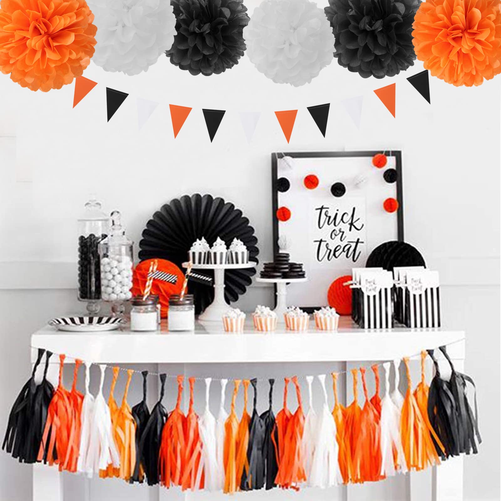 Black White Orange Halloween Party-Decorations - 23pcs Tissue Pom Poms Streamers,Tassel Garland Banner,Graduation 2023 Birthday Wedding Baby Bridal Shower Decor Bunting Lasting Surprise