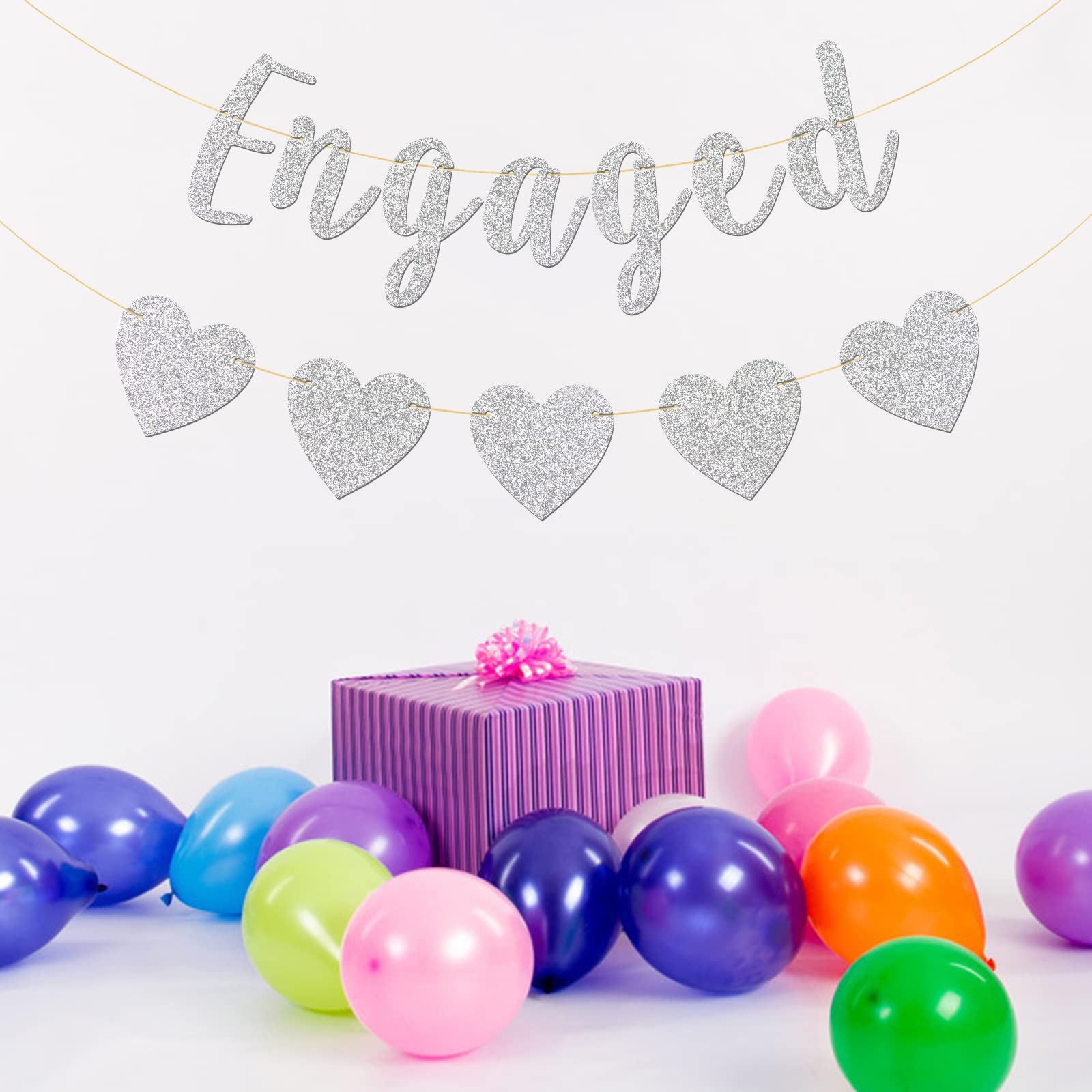 Engaged Banner, Bridal Shower, Engagement, Bride to Be, Wedding Party Decorations (Silver Glitter)