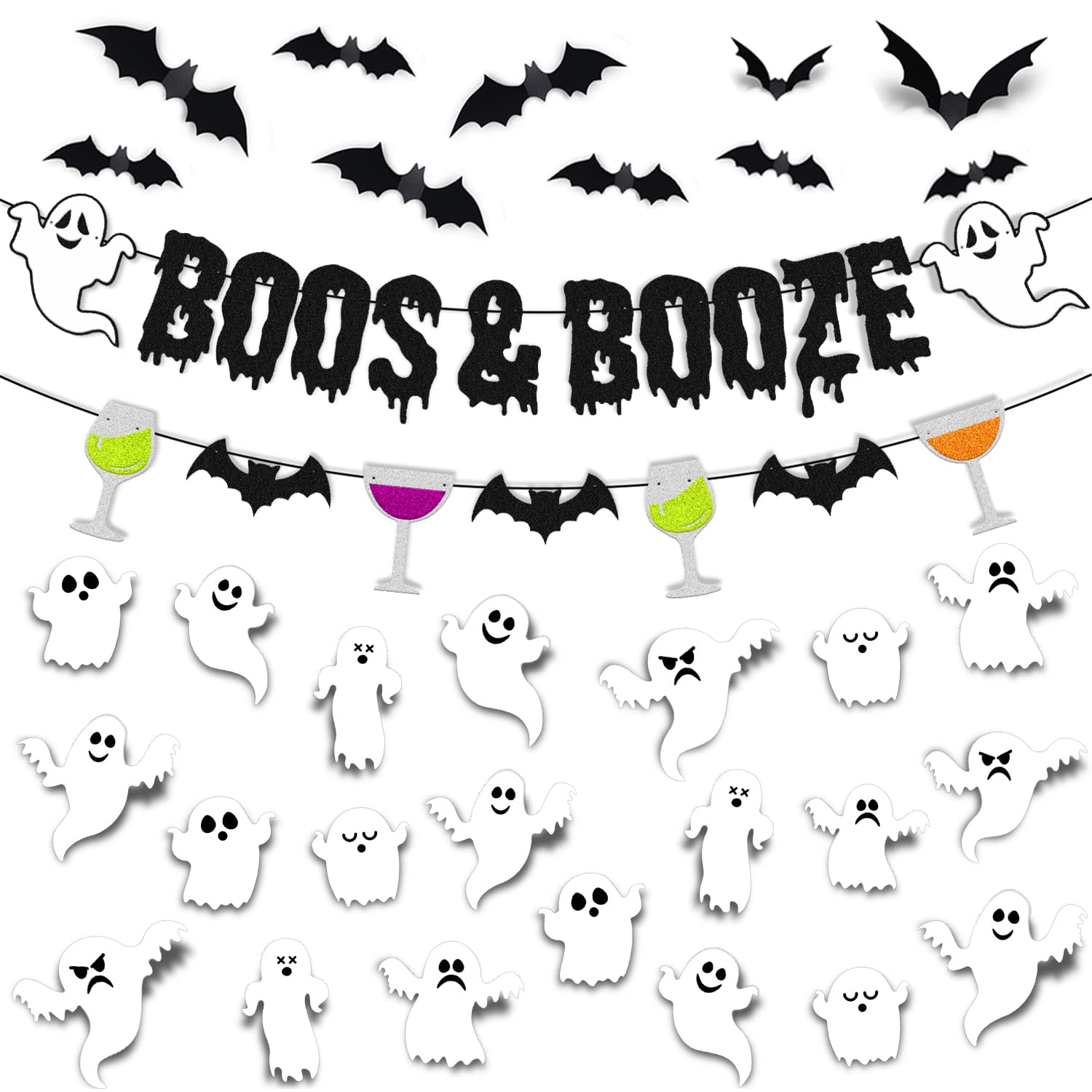 35 PCS Boos & Booze Decorations Halloween Banner Ghost Bat Wall Decor Potion Horror Pumpkin Witches Theme for Halloween Festival Party Supplies