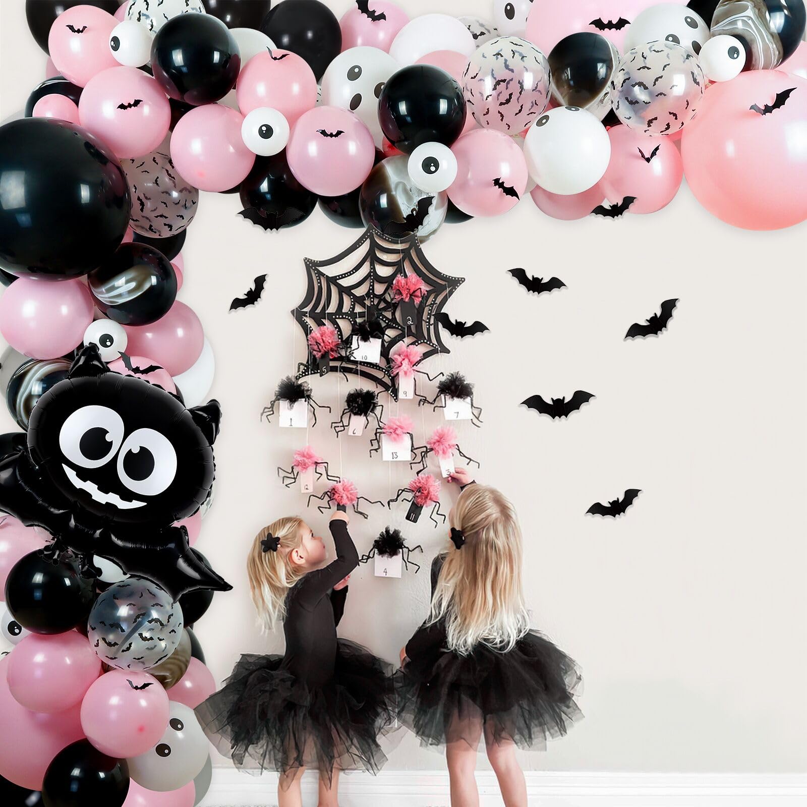 Halloween Balloon Arch Garland Kit, 124 Pcs18" 10" 5" Black Pink Balloons Big Bat Foil Balloon with 3D PVC Bat Halloween Decorations for Halloween Baby Shower Halloween Party Supplies