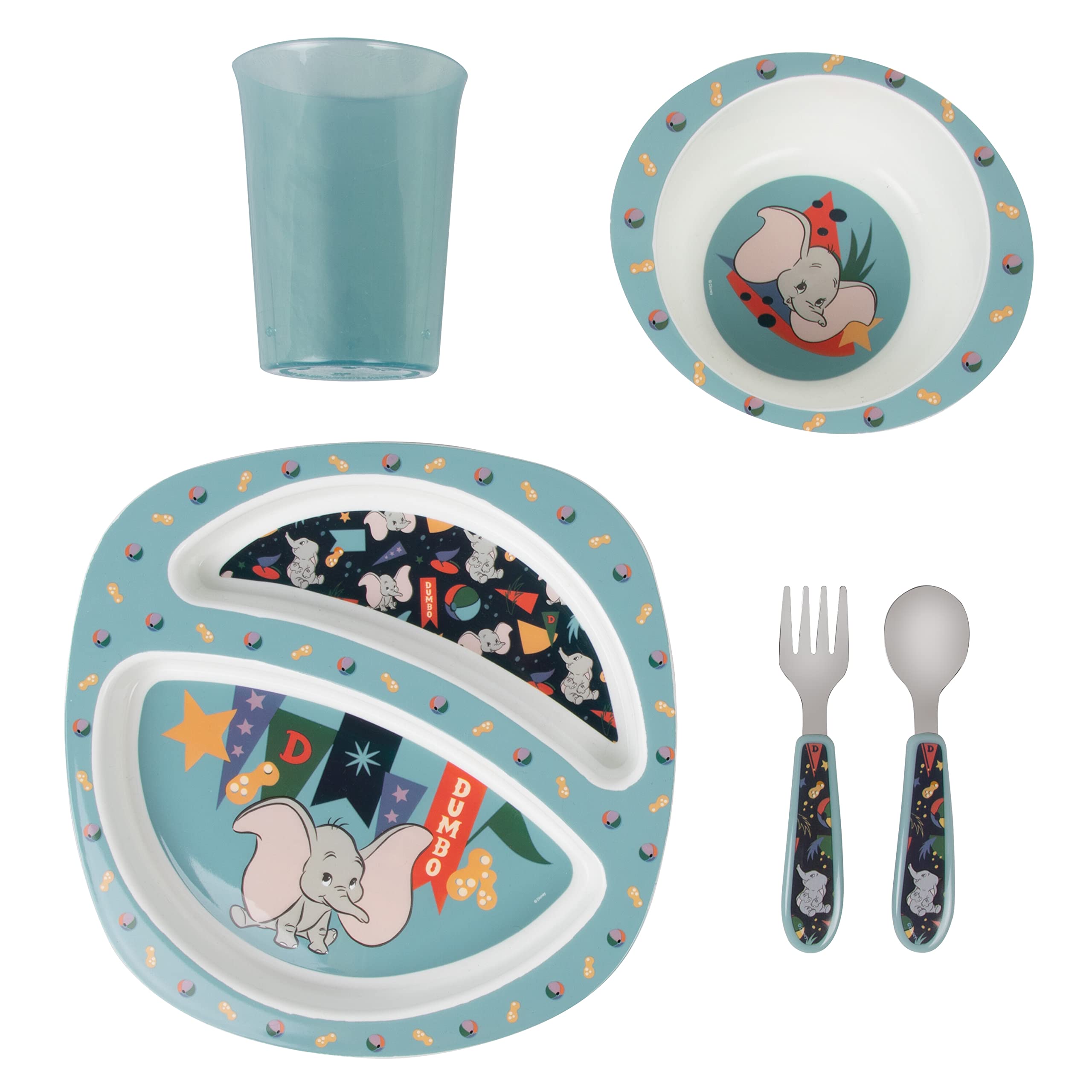 The First Years Disney Dumbo Meal Time Toddler Feeding Supplies - Includes Toddler Plate, Toddler Bowl, Cup, Fork, and Spoon - Baby Feeding Supplies - 5 Count