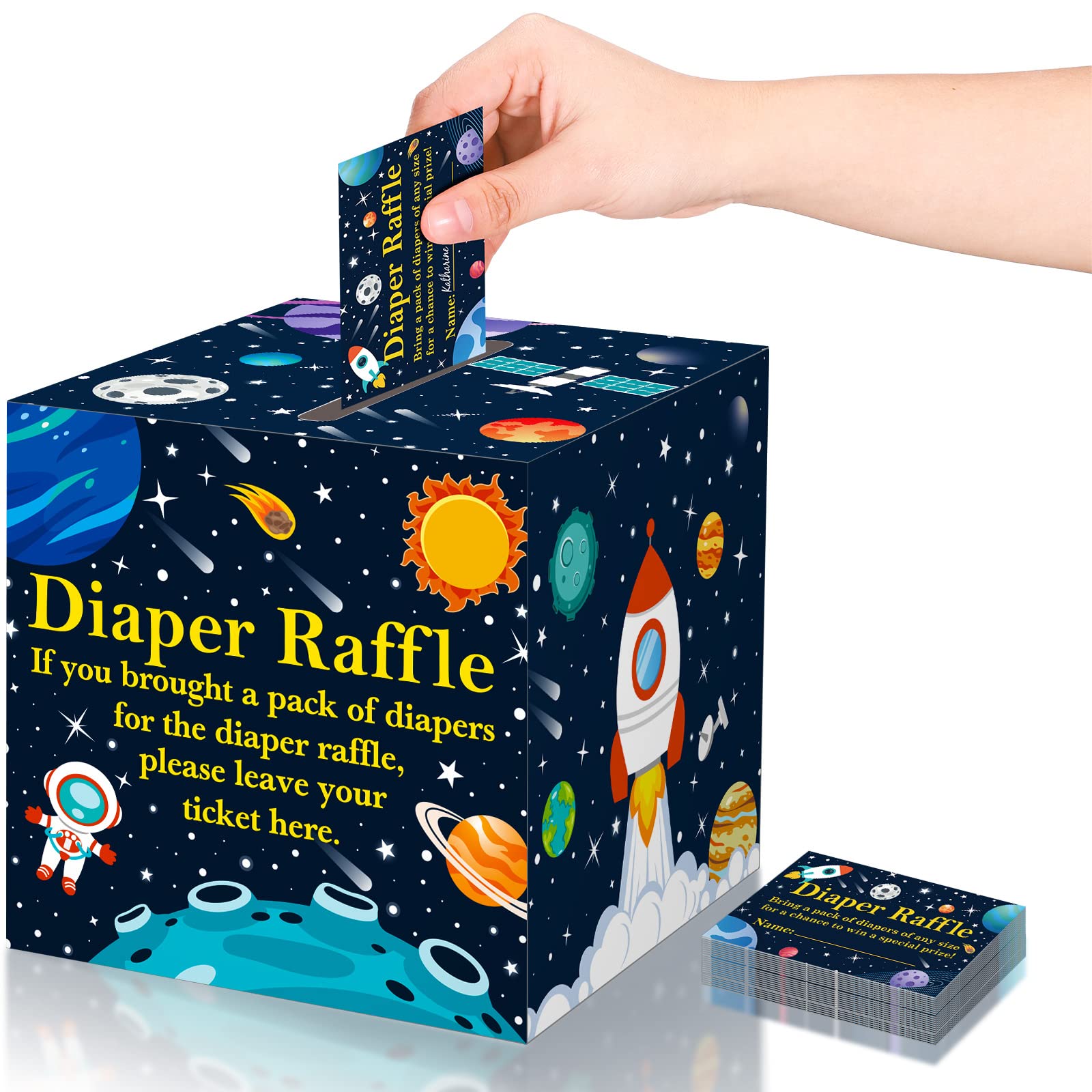 50 Pcs Diaper Raffle Tickets Outer Space Themed Baby Shower Game Home Party Decorations Rocket Universe Outer Space Box with Cards for Boys Baby Party Decorations Diaper Raffle Sign Box