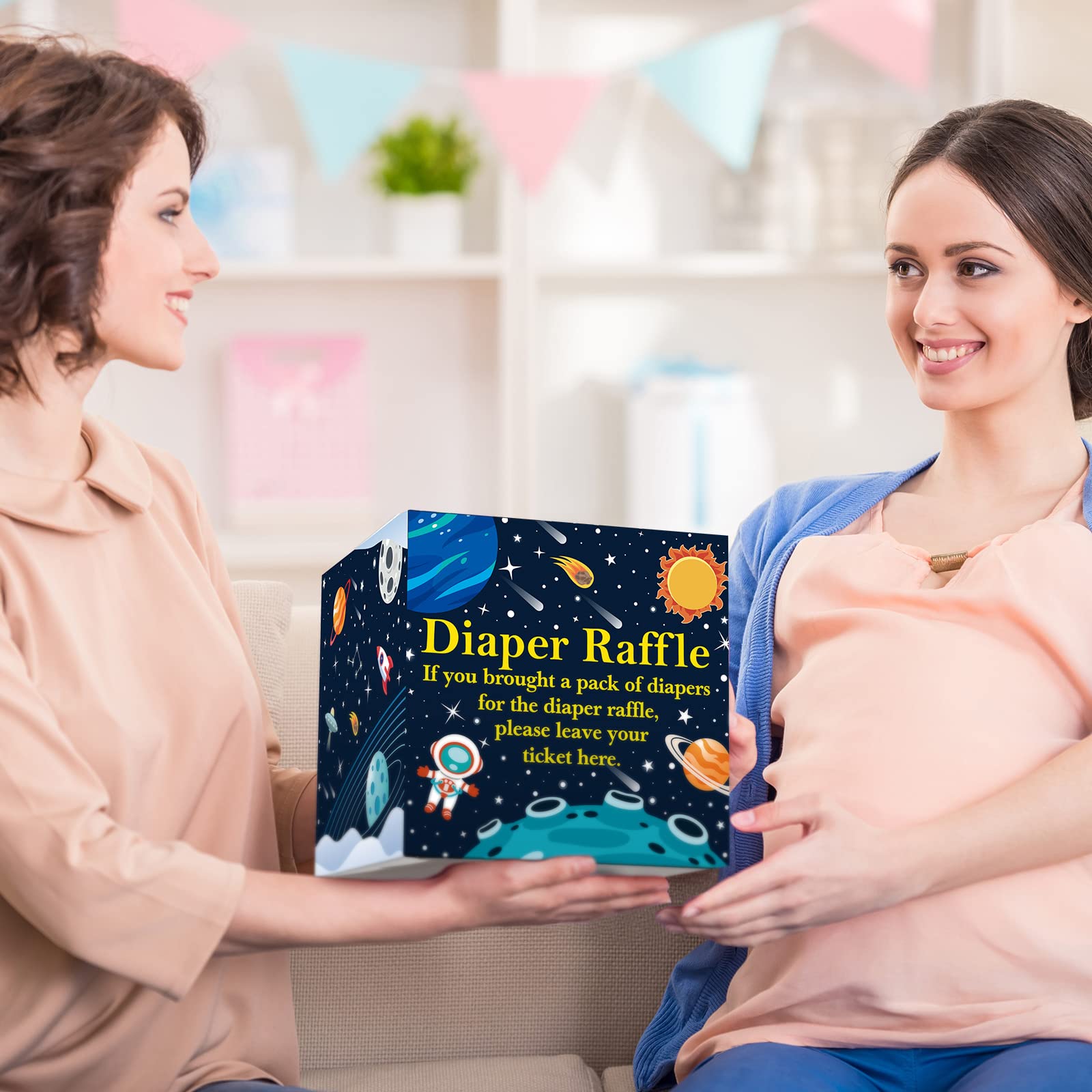 50 Pcs Diaper Raffle Tickets Outer Space Themed Baby Shower Game Home Party Decorations Rocket Universe Outer Space Box with Cards for Boys Baby Party Decorations Diaper Raffle Sign Box