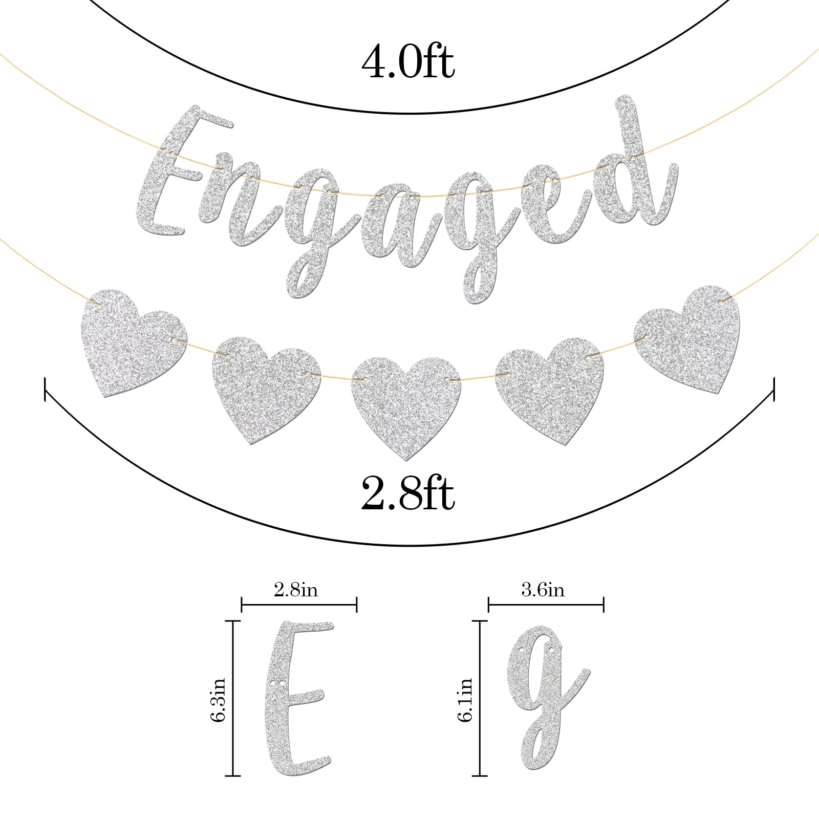 Engaged Banner, Bridal Shower, Engagement, Bride to Be, Wedding Party Decorations (Silver Glitter)