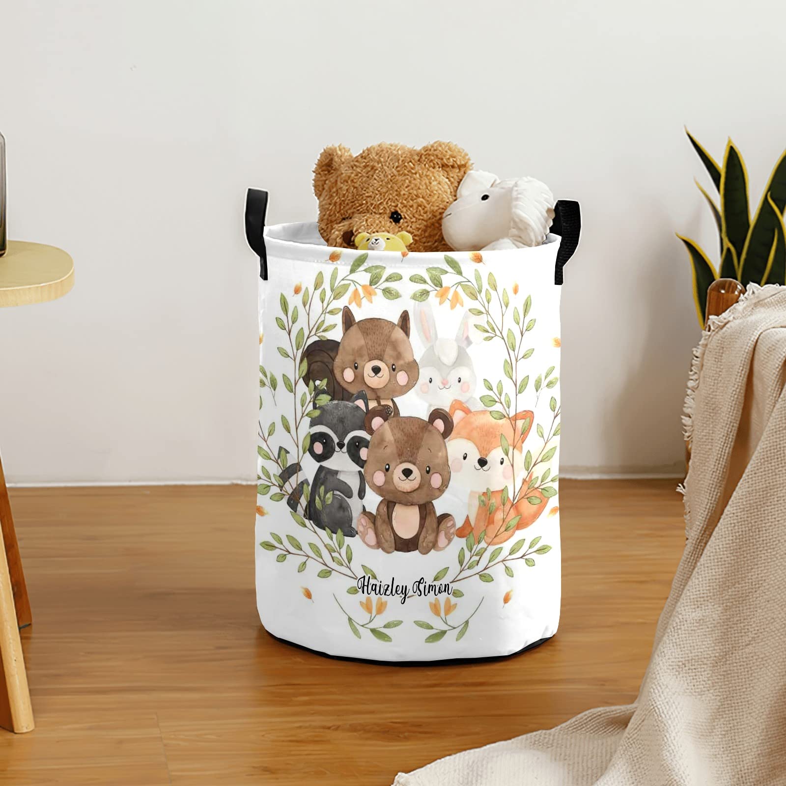 Cute Woodland Animals Personalized Laundry Basket Clothes Hamper Storage Handle Waterproof Collapsible Large Capacity for Bedroom Bathroom Toy Decoration