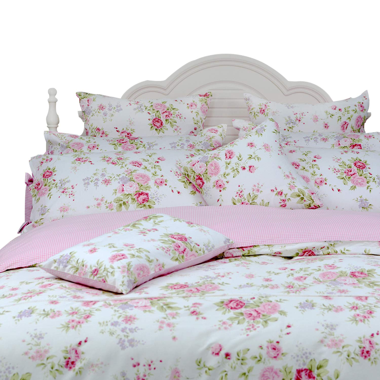 FADFAY 7Pcs Full Size Premium Cotton Rose Floral Duvet Cover Sheets Set,1 Duvet Cover+1 Flat Sheet+1 Fitted Sheet+ 4 Shams