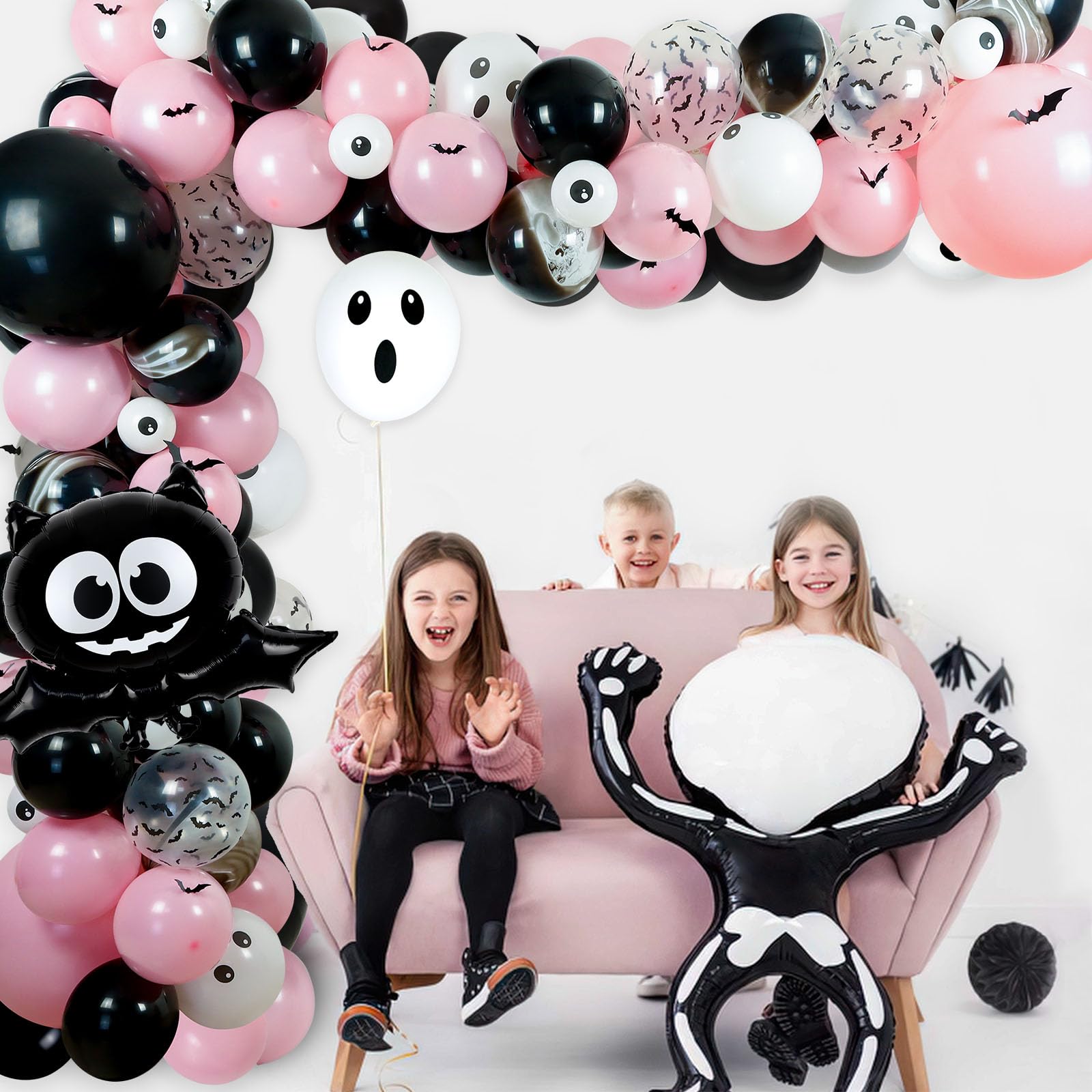 Halloween Balloon Arch Garland Kit, 124 Pcs18" 10" 5" Black Pink Balloons Big Bat Foil Balloon with 3D PVC Bat Halloween Decorations for Halloween Baby Shower Halloween Party Supplies