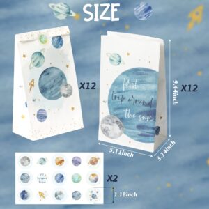 GROBRO7 26Pcs First Trip Around The Sun Space Party Favor Bag with Stickers Solar System Goodie Bags Paper Treat Bag Present Candy Planet Gift Bags Party Supplies for Boy Girl 1st Birthday Baby Shower