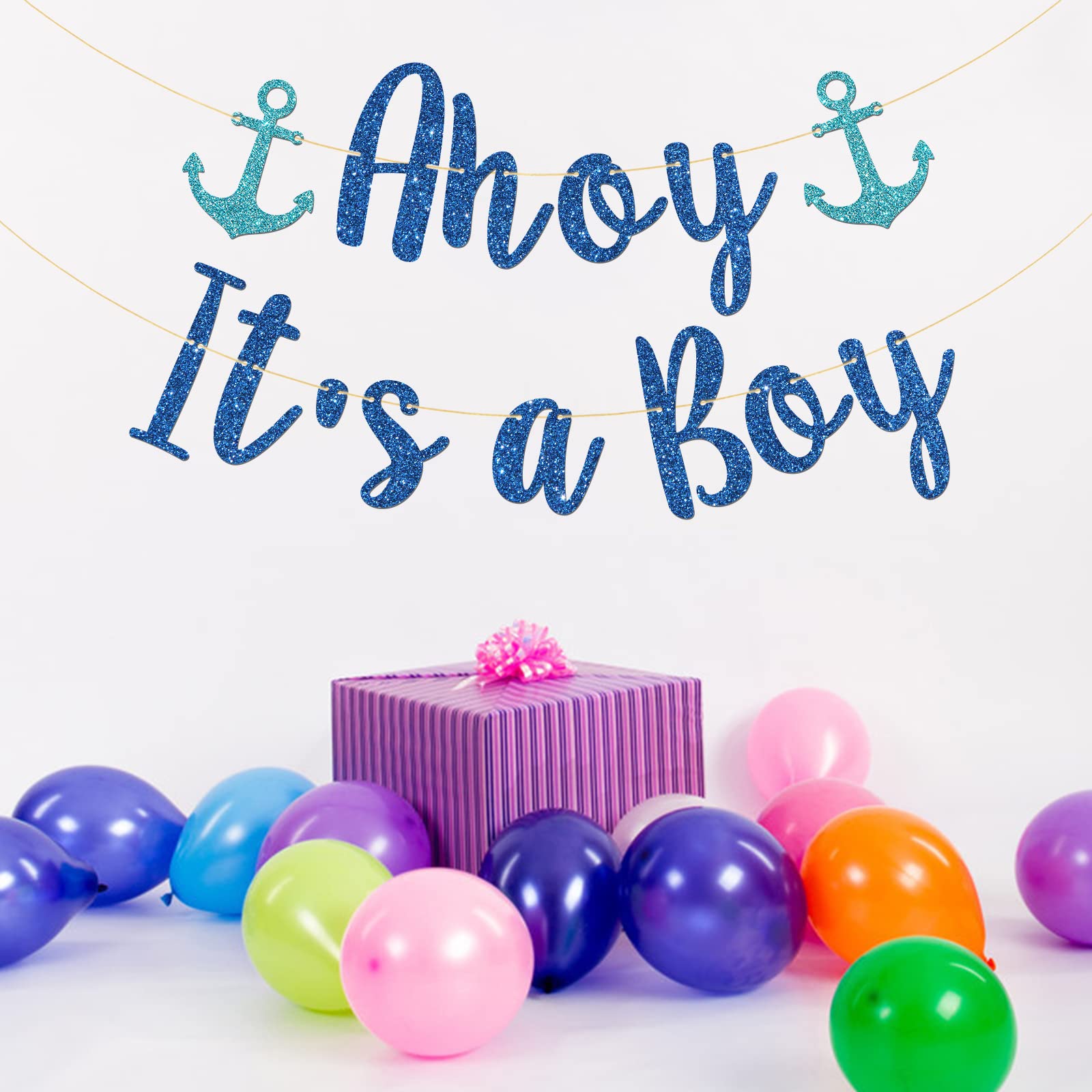 Talorine Ahoy It's a Boy Banner, Sailor Themed Party Decor, Baby Shower Gender Reveal, Nautical Party Decorations (Blue Glitter)