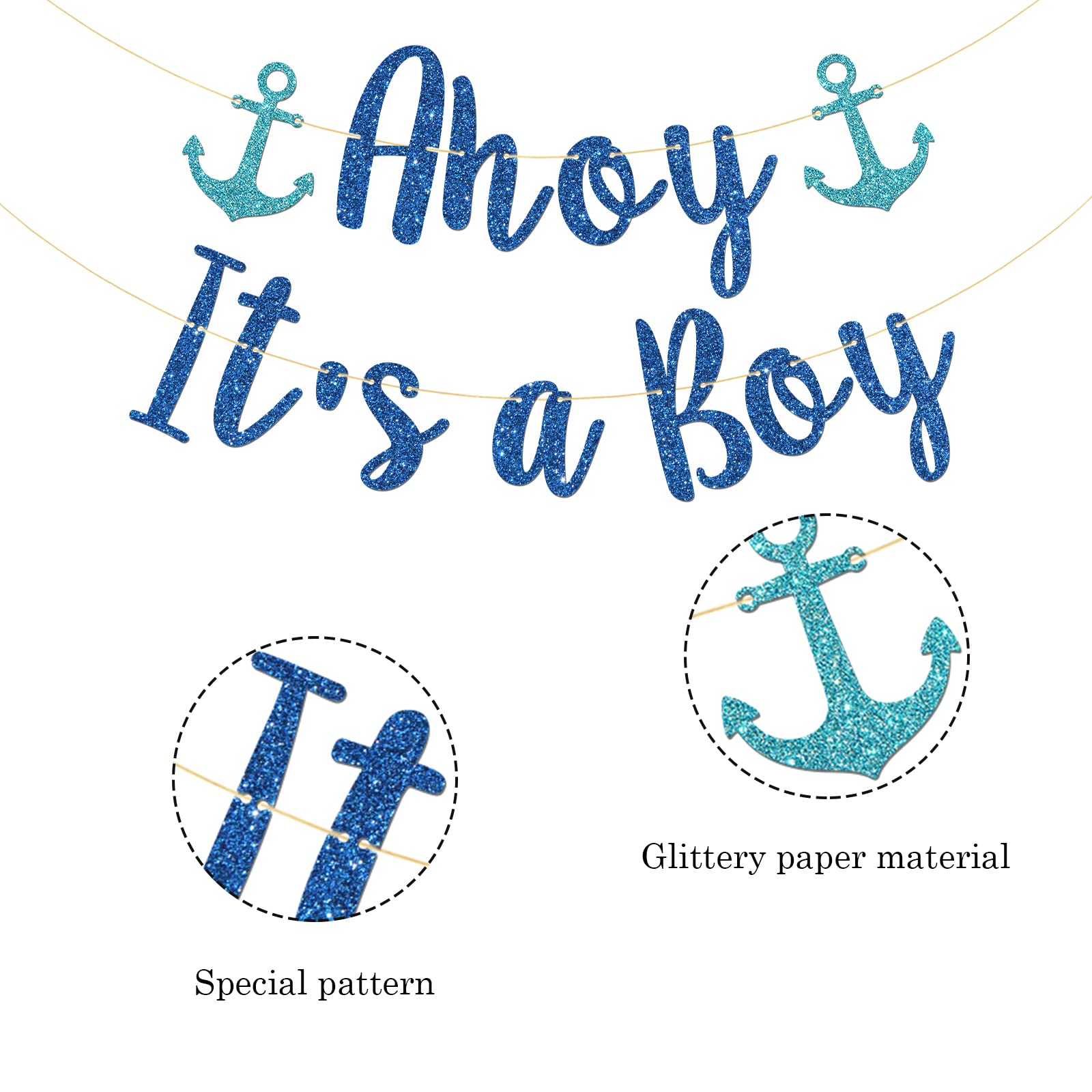 Talorine Ahoy It's a Boy Banner, Sailor Themed Party Decor, Baby Shower Gender Reveal, Nautical Party Decorations (Blue Glitter)