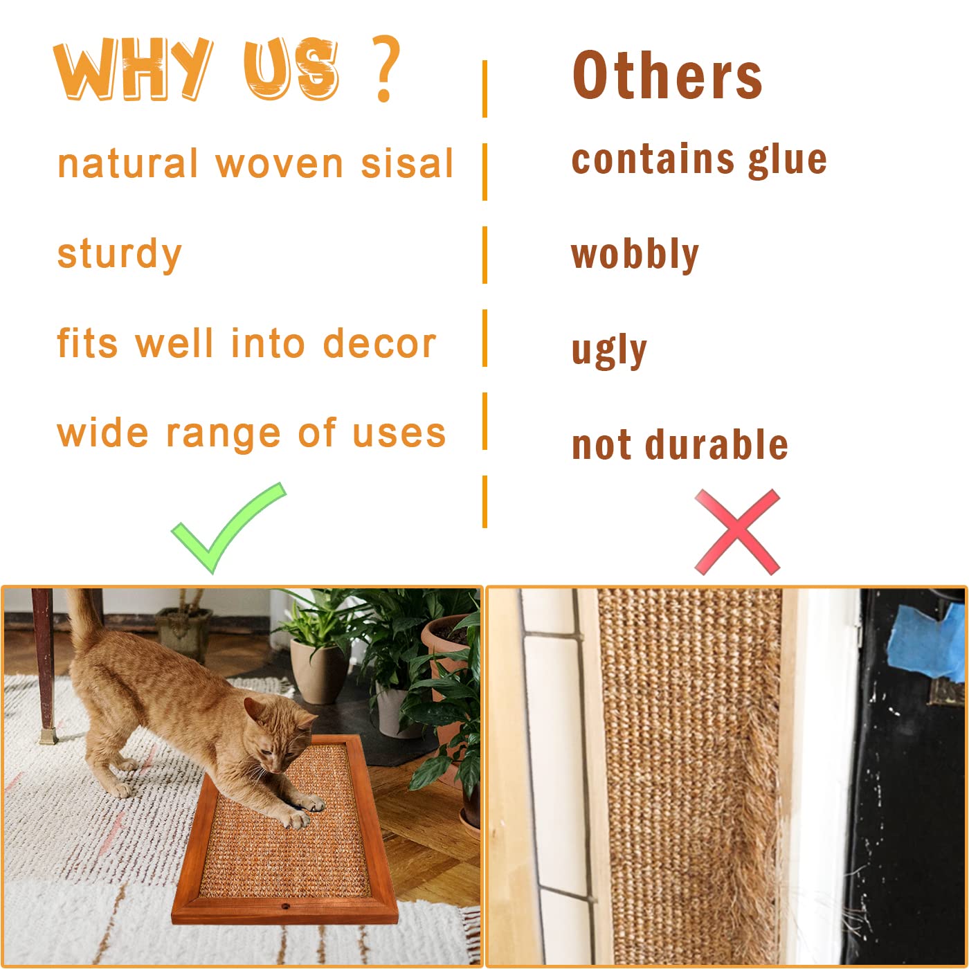 LSAIFATER Cat Scratching Post - Large, Wooden Sisal Cat Wall Scratcher, Floor or Wall Mounted Vertical Cat Scratch Pad for Indoor Cats Adults or Kittens, Cat Wall Furniture Protector