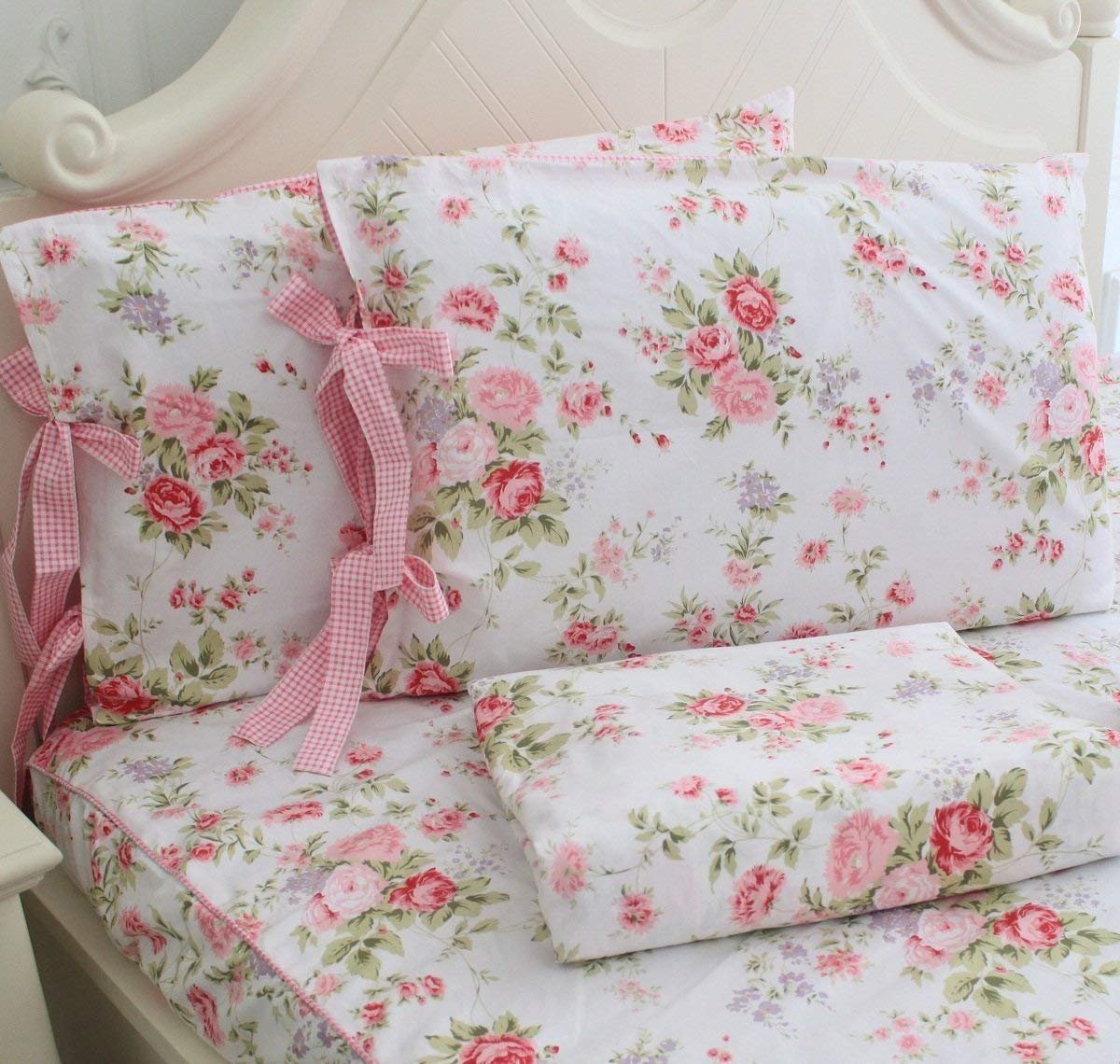 FADFAY 7Pcs Queen Size Premium Cotton Rose Floral Duvet Cover Sheets Set,1 Duvet Cover+1 Flat Sheet+1 Fitted Sheet+ 4 Shams