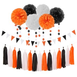 black white orange halloween party-decorations - 23pcs tissue pom poms streamers,tassel garland banner,graduation 2023 birthday wedding baby bridal shower decor bunting lasting surprise