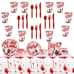 81Pcs Halloween Tableware and Decorations, 20 Guest - Halloween Plates, Party Cups, Napkins, Tablecloths, Plate, Knives, Forks, Halloween Party Supplies(Red)