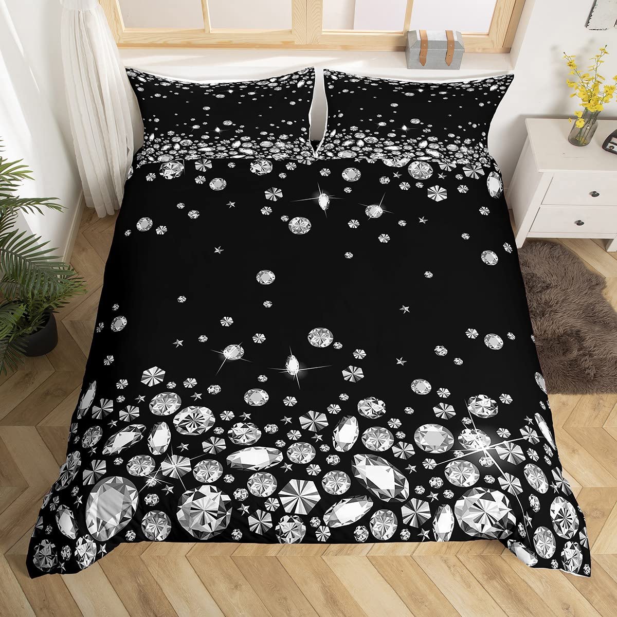 Silver Glitter Duvet Cover Set Queen Diamond Star Sky Floral Bedding Set 3pcs for Kids Teens Girls Boys Room Decor Bling Party Theme Comforter Cover Black Microfiber Quilt Cover with 2 Pillowcases