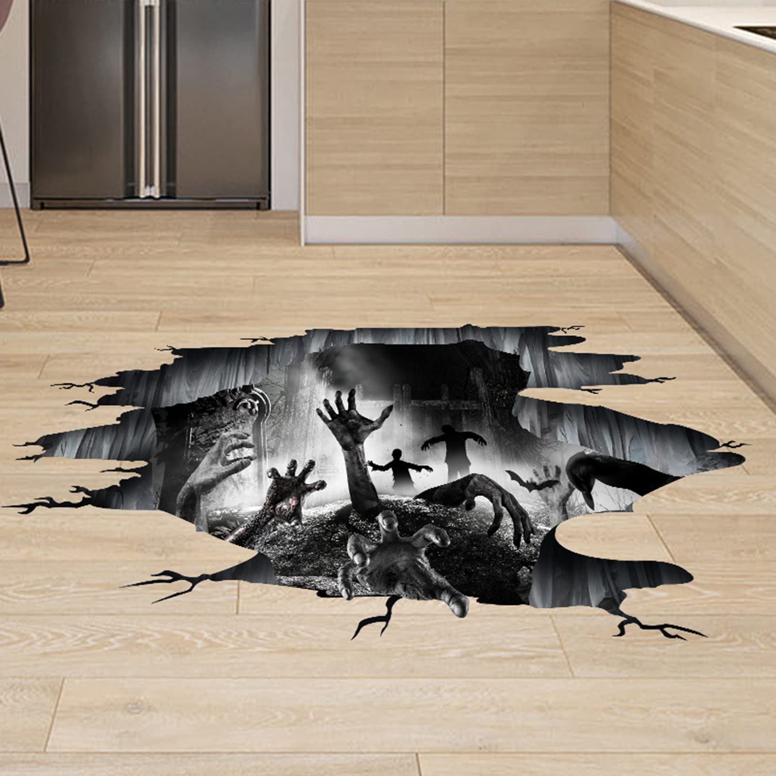 3D Halloween Floor Decals Ghost Hands Scratching Wall Floor Stickers Art Decorations, Spooky Hands Bats Zombie Floor Posters Removable Floor Murals for Bedroom Living Room